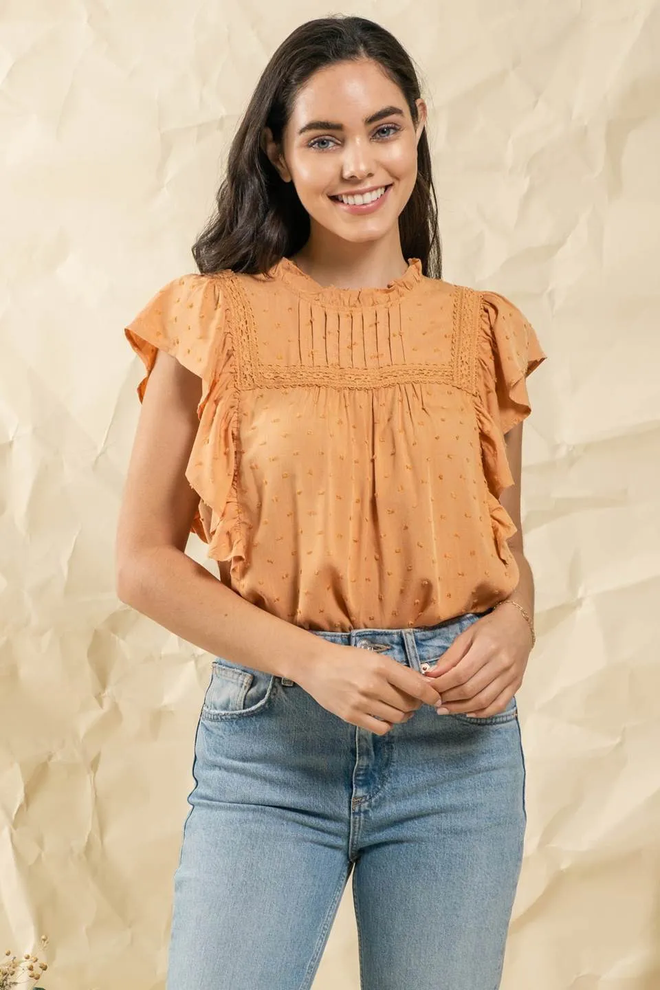 SHORT DRAPE SLEEVE WOVEN TOP sold by Blu Pepper