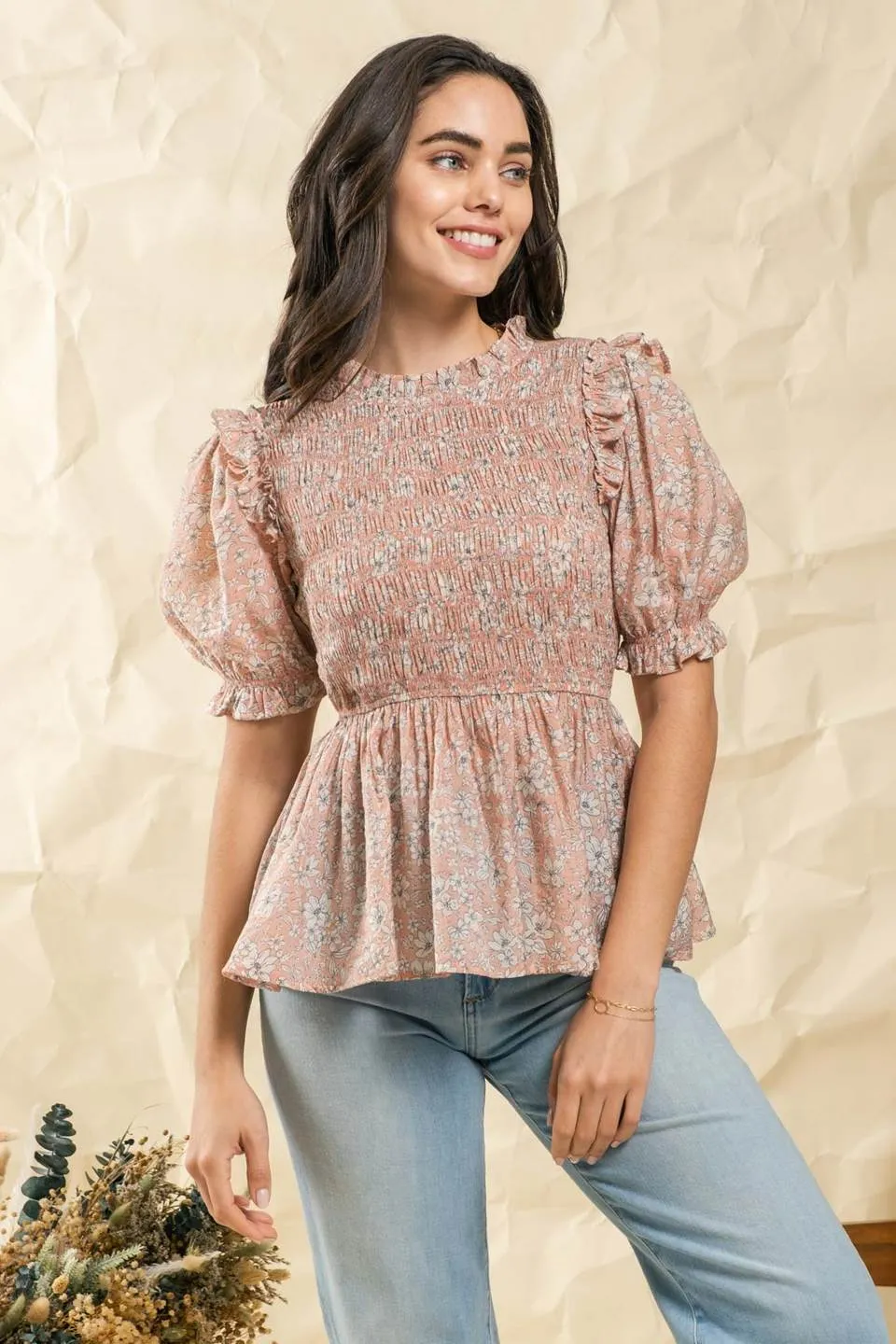 RUFFLED PUFF SLEEVE WOVEN TOP sold by Blu Pepper product image thumbnail 2