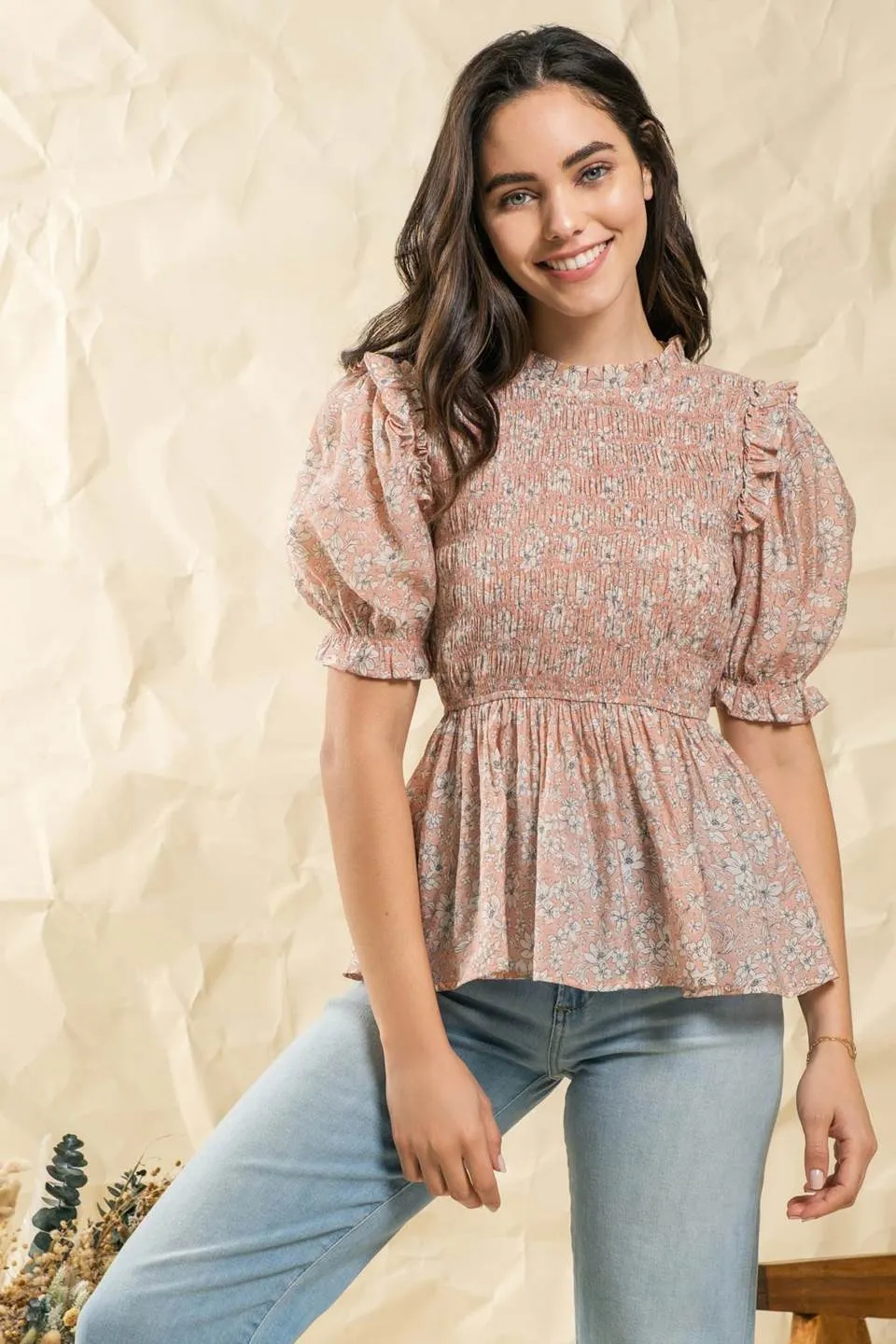 RUFFLED PUFF SLEEVE WOVEN TOP sold by Blu Pepper product image thumbnail 4