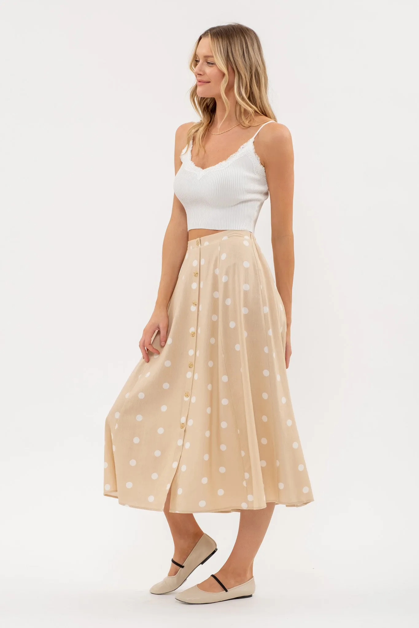 POLKA DOT BUTTON DOWN MIDI SKIRT sold by Blu Pepper product image thumbnail 3