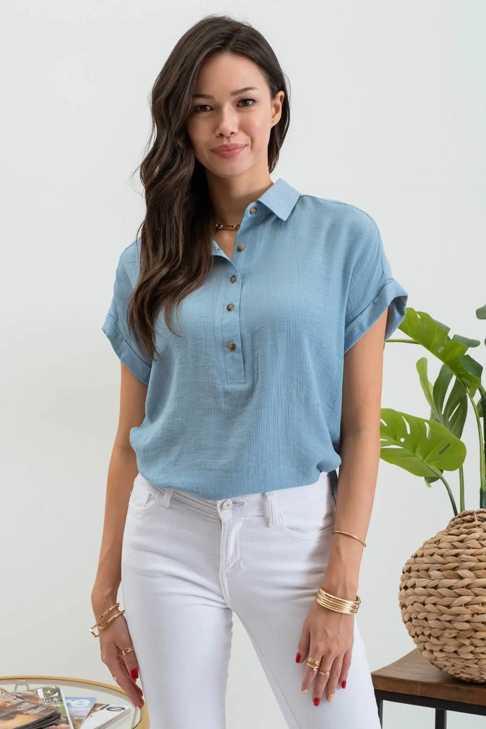 MID BUTTON DOWN CUFFED SHORT SLEEVE TOP sold by Blu Pepper product image thumbnail 5