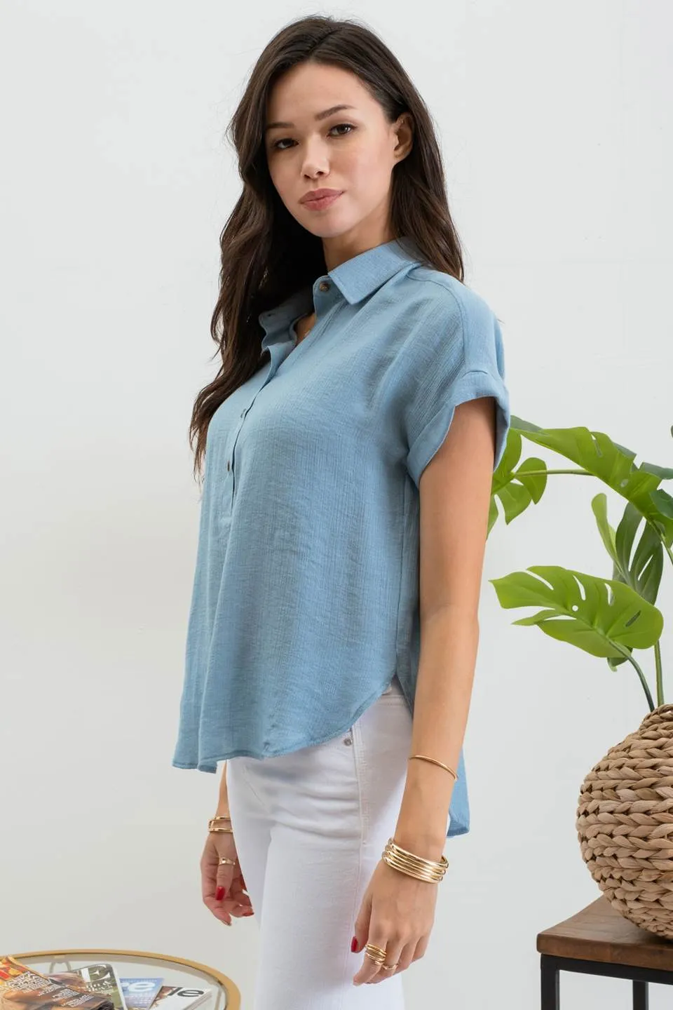 MID BUTTON DOWN CUFFED SHORT SLEEVE TOP sold by Blu Pepper product image thumbnail 3
