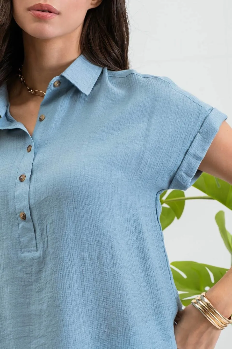 MID BUTTON DOWN CUFFED SHORT SLEEVE TOP sold by Blu Pepper product image thumbnail 4