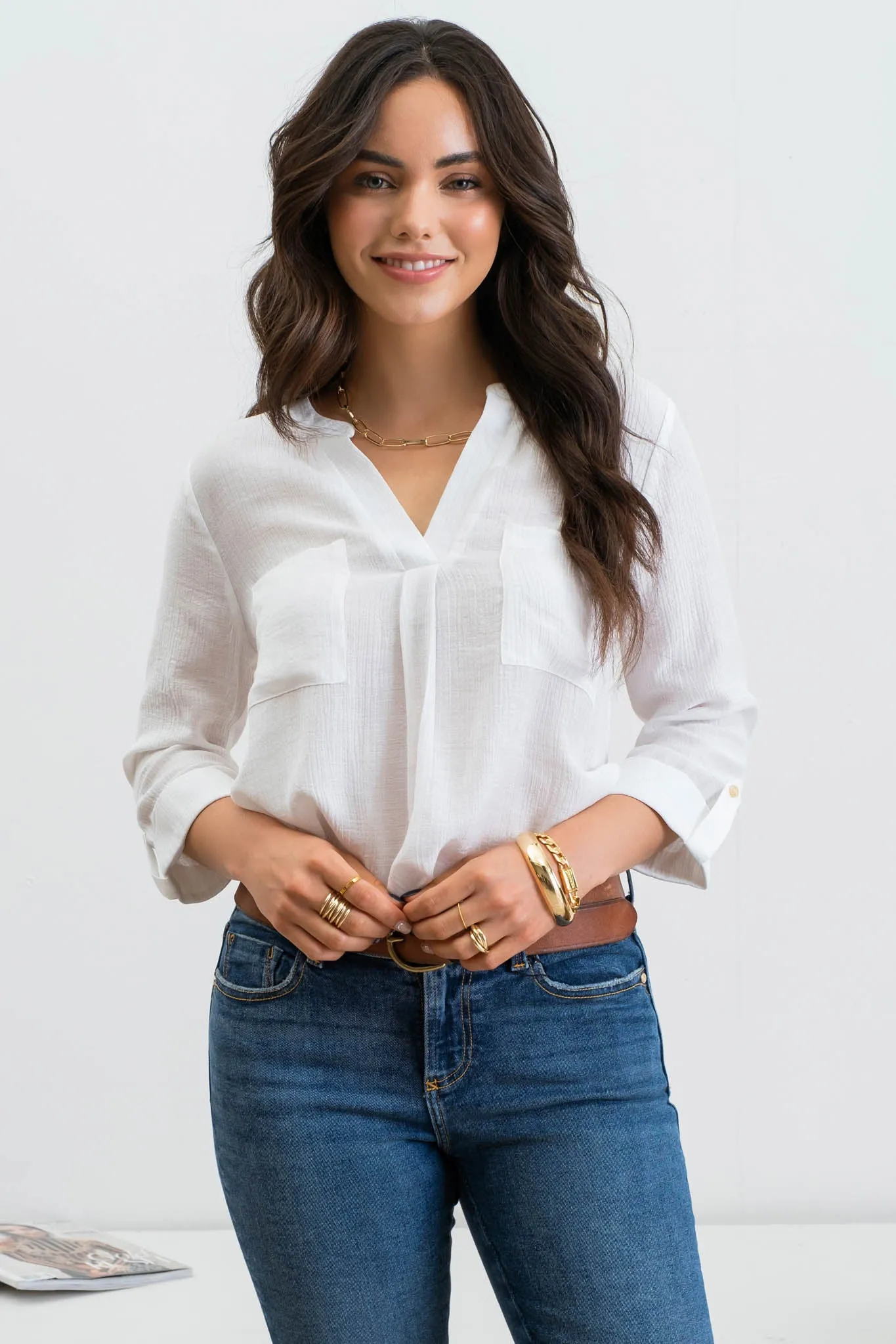 SPLIT NECK BACK BUTTON 3/4 TAB SLEEVE TOP sold by Blu Pepper product image thumbnail 5