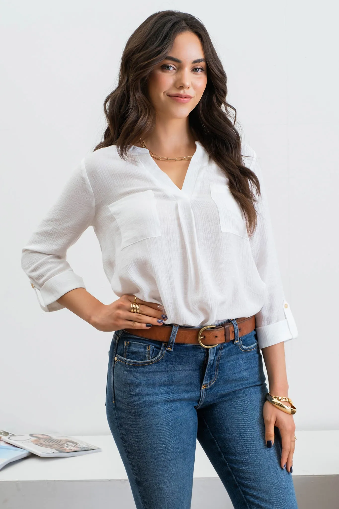 SPLIT NECK BACK BUTTON 3/4 TAB SLEEVE TOP sold by Blu Pepper product image thumbnail 3