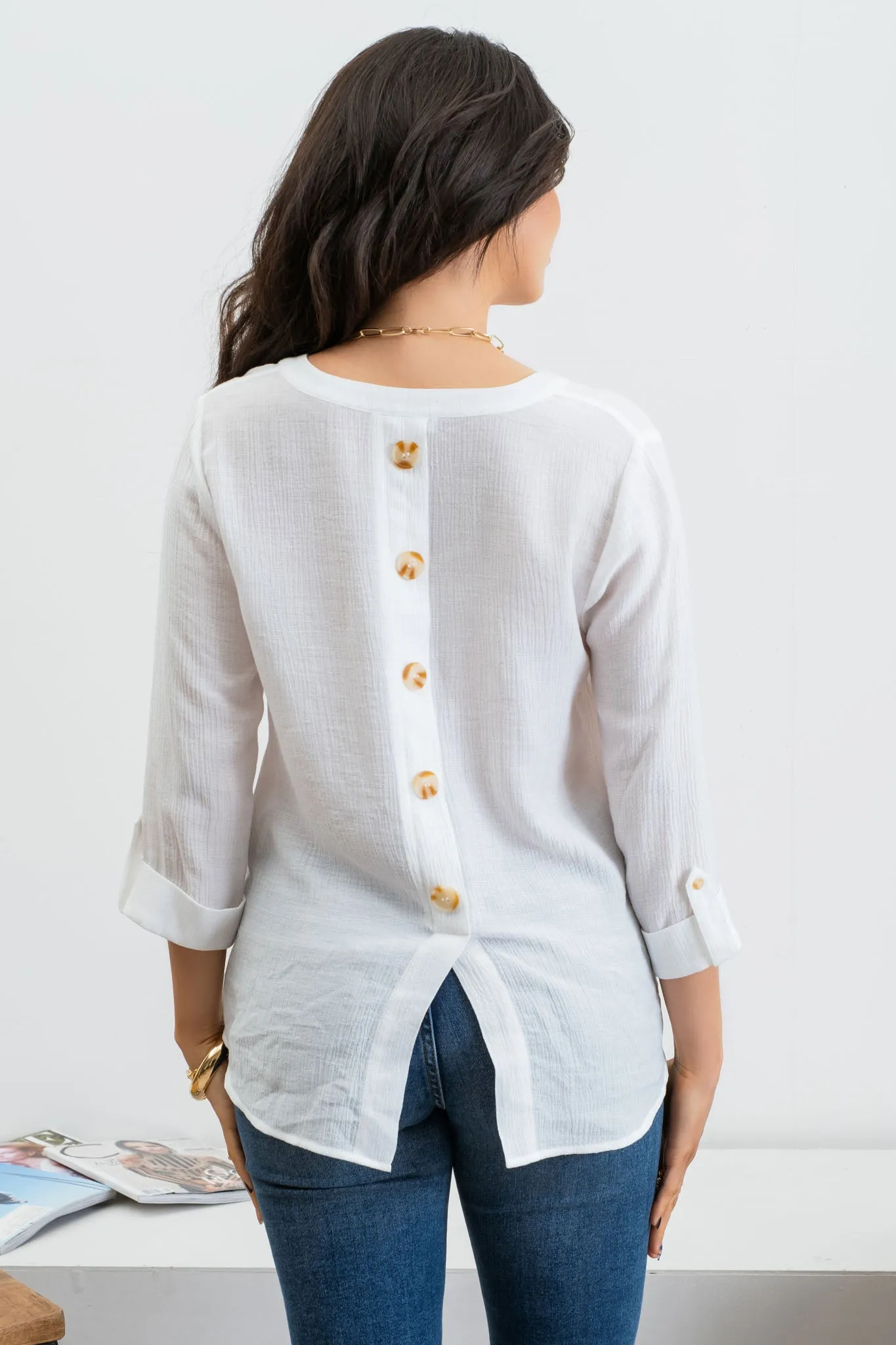 SPLIT NECK BACK BUTTON 3/4 TAB SLEEVE TOP sold by Blu Pepper product image thumbnail 2