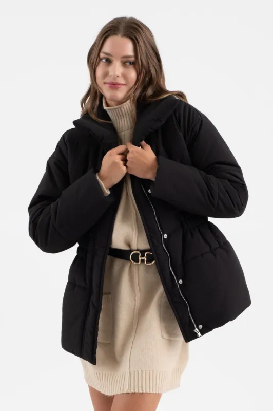 ELASTIC WAIST ZIP UP PUFFER JACKET made by Vici