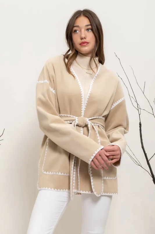 CONTRAST HEM BELTED CARDIGAN sold by Blu Pepper