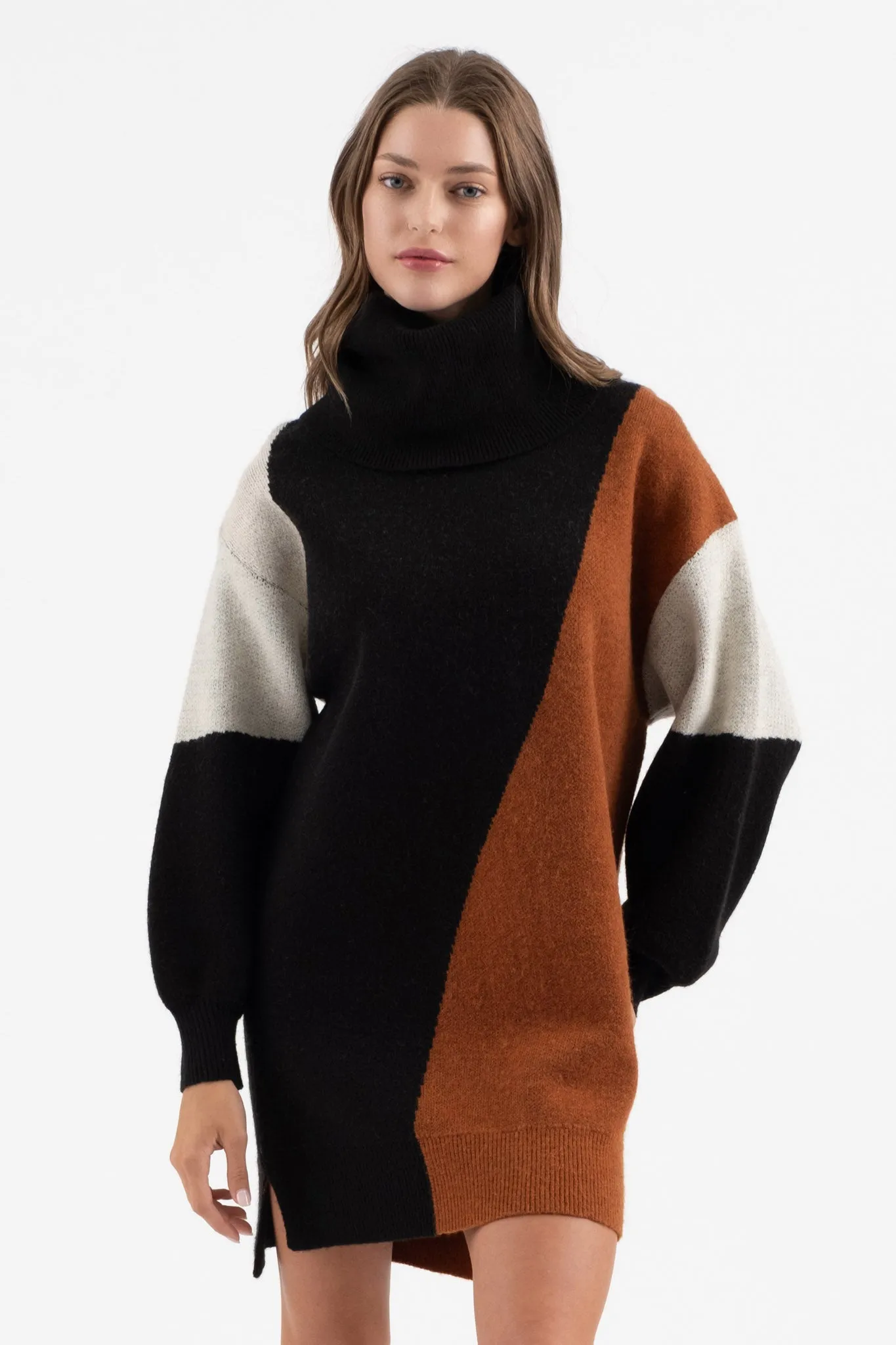 COLORBLOCK TURTLENECK KNIT SWEATER DRESS sold by Blu Pepper product image thumbnail 4