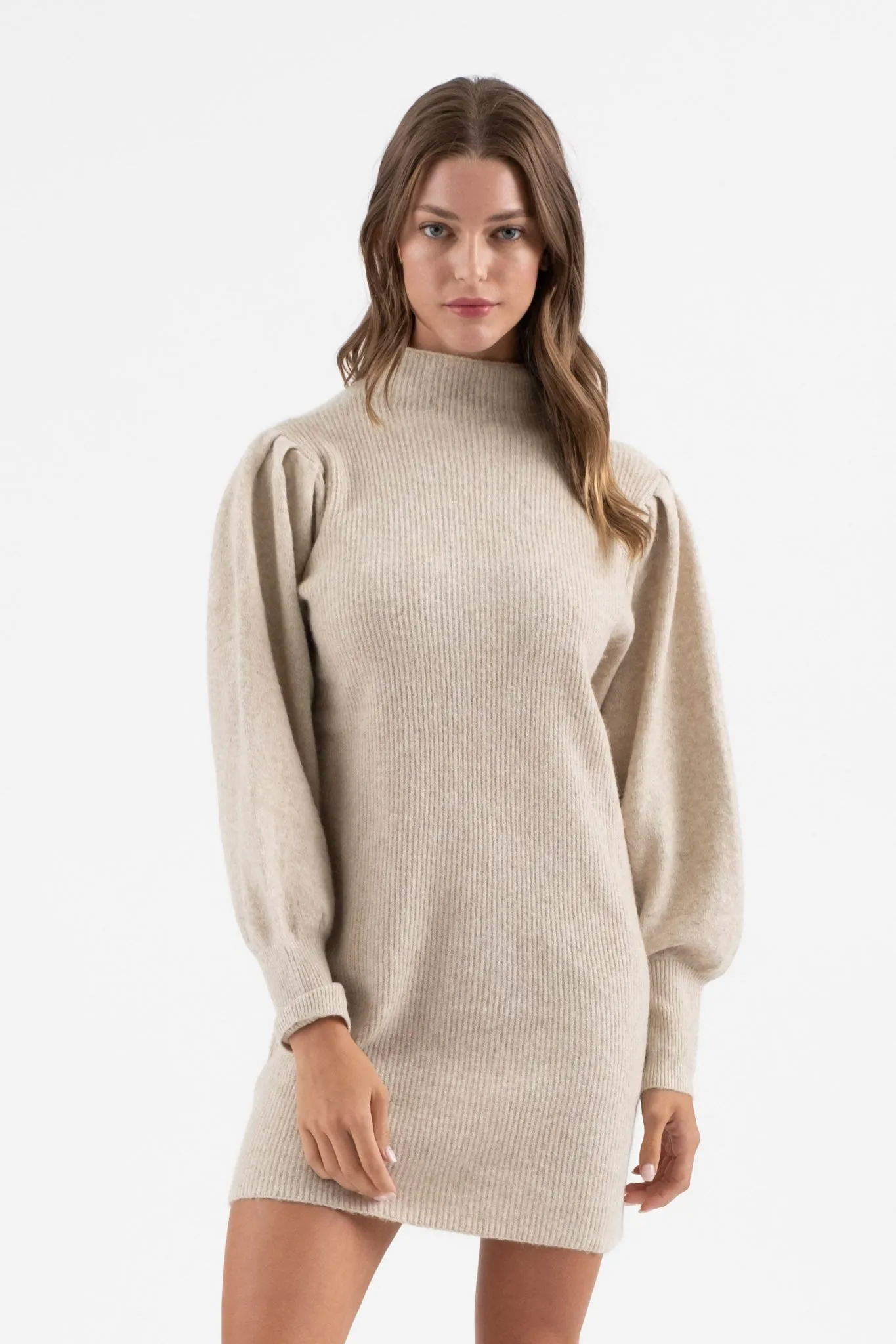 MOCK NECK LONG PUFF SLEEVE KNIT SWEATER DRESS sold by Blu Pepper product image thumbnail 4