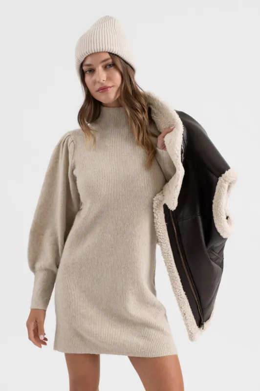 MOCK NECK LONG PUFF SLEEVE KNIT SWEATER DRESS sold by Blu Pepper