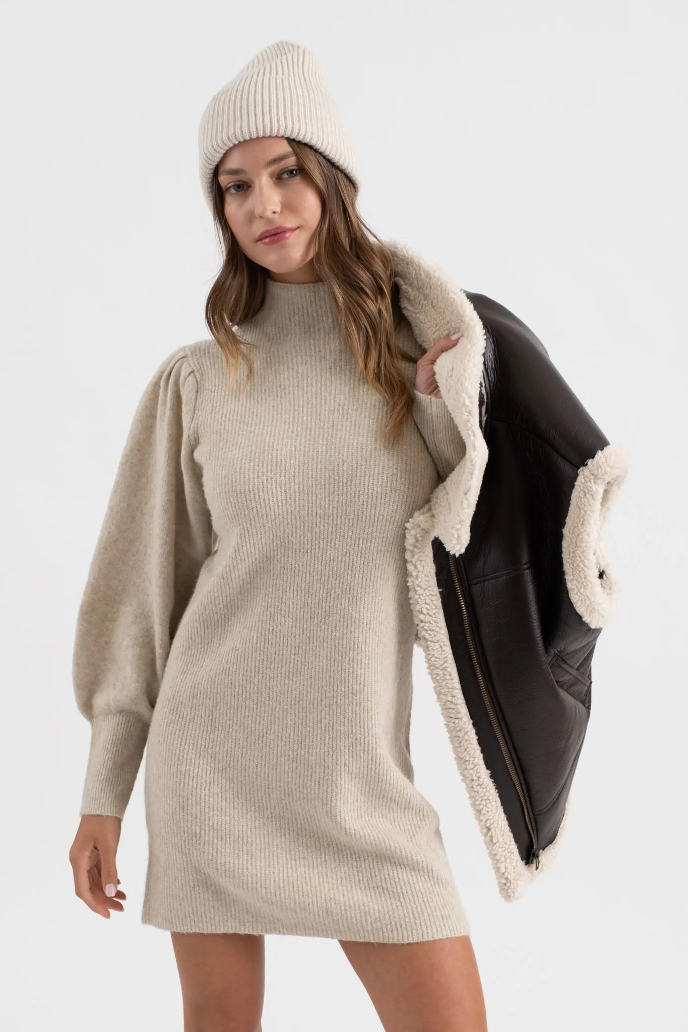 MOCK NECK LONG PUFF SLEEVE KNIT SWEATER DRESS sold by Blu Pepper