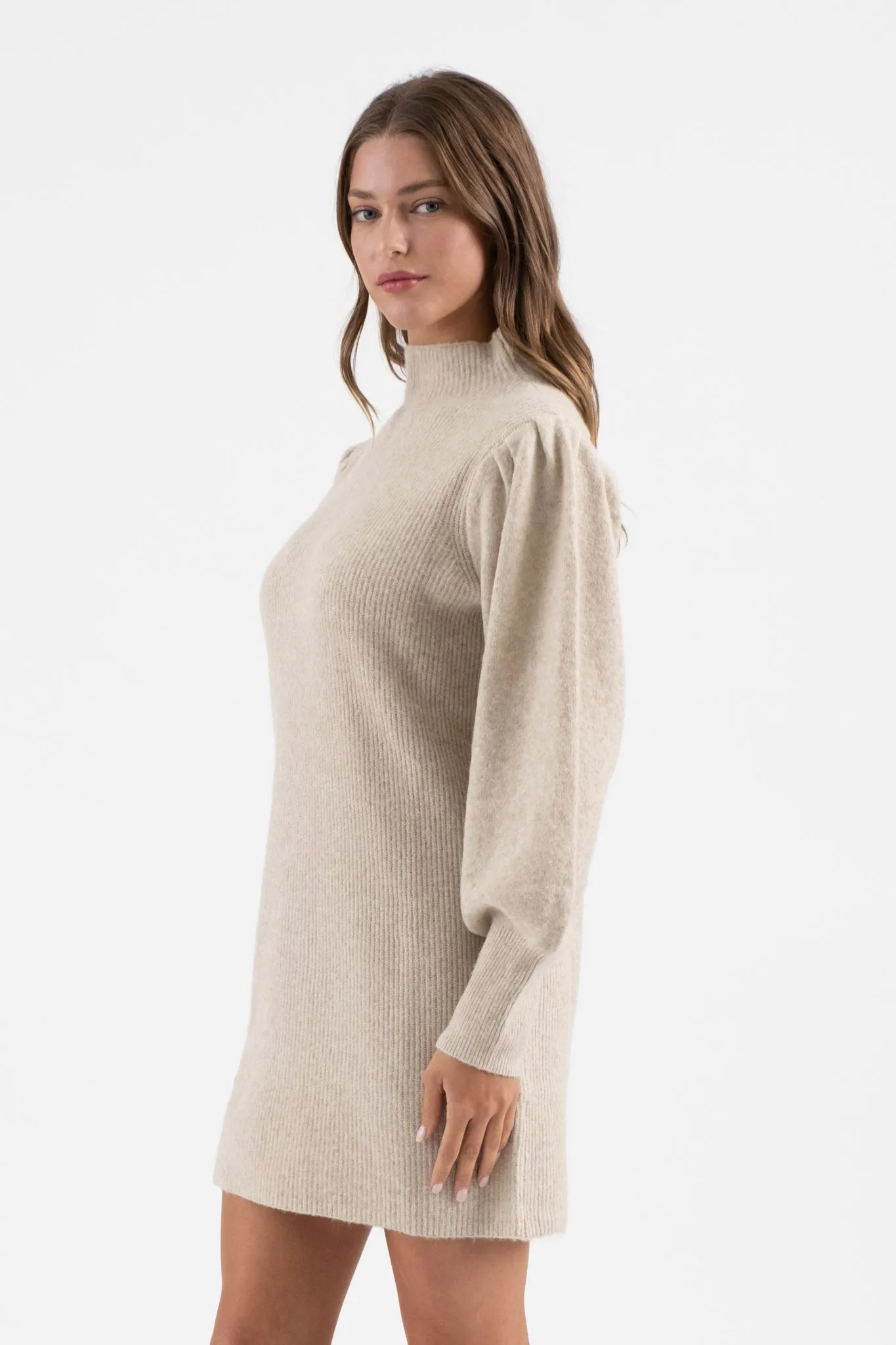 MOCK NECK LONG PUFF SLEEVE KNIT SWEATER DRESS sold by Blu Pepper product image thumbnail 3