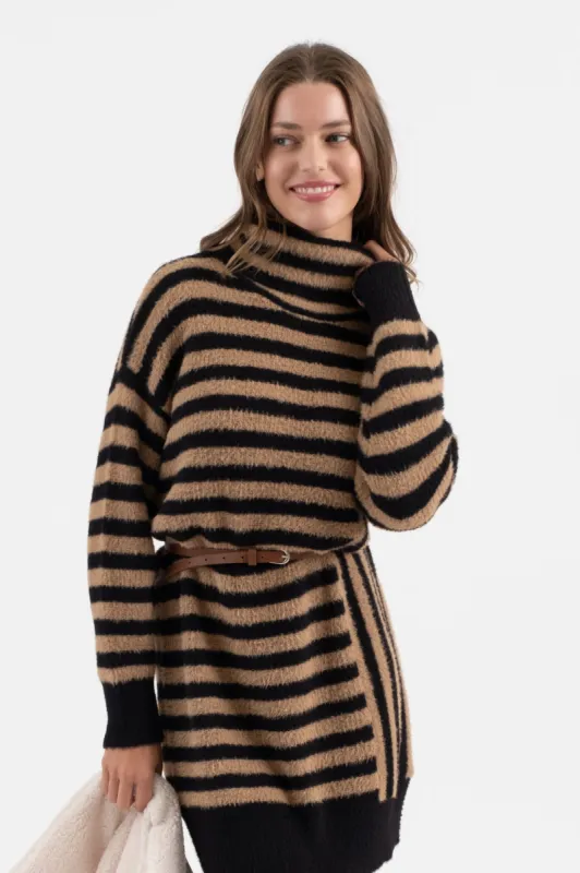 CONTRAST STRIPE TURTLENECK KNIT SWEATER DRESS sold by Blu Pepper