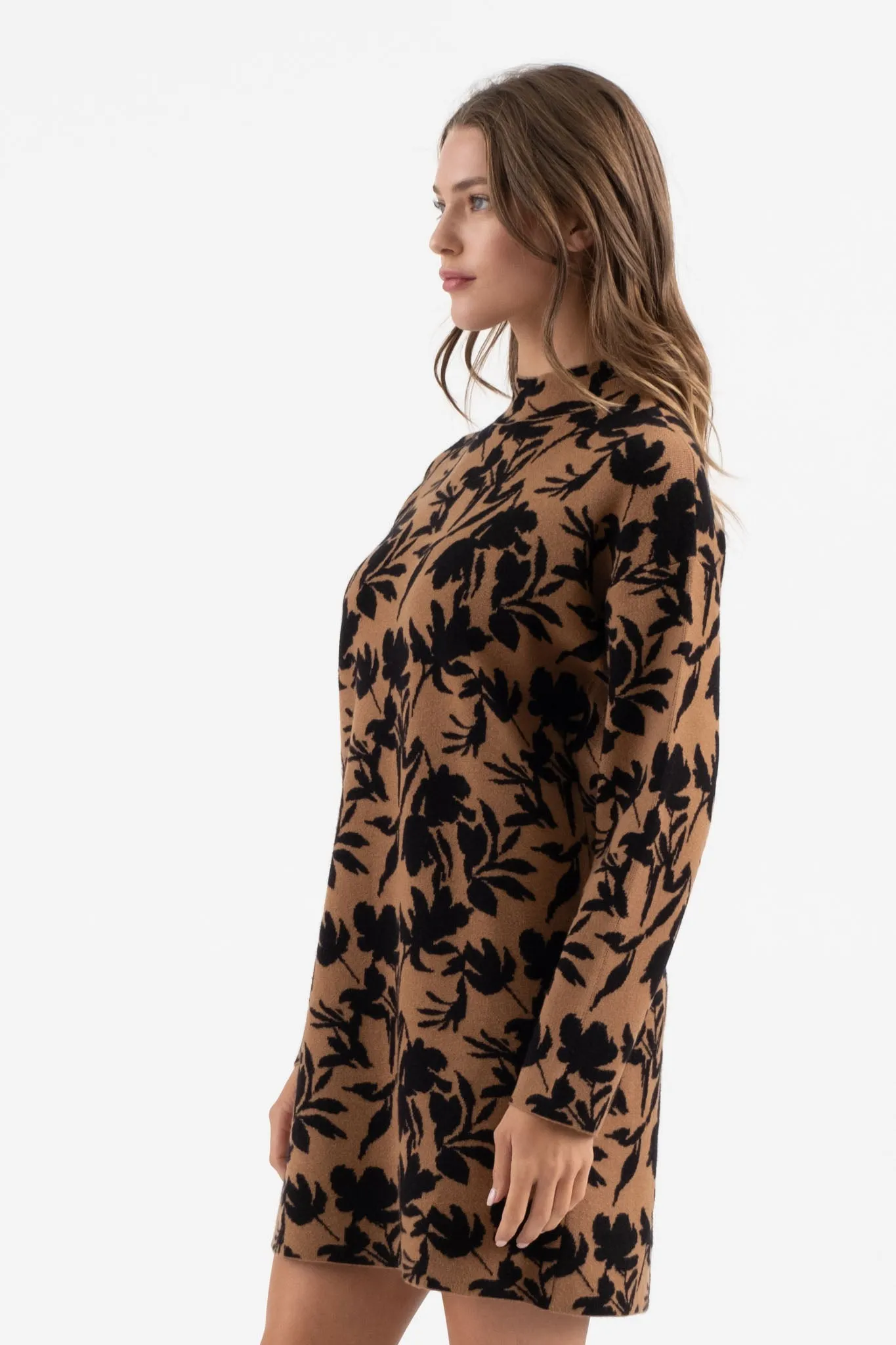 FLORAL MOCK NECK LONG SLEEVE KNIT SWEATER DRESS sold by Blu Pepper product image thumbnail 3