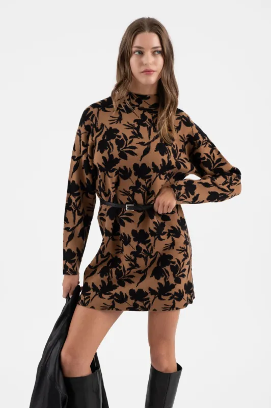 FLORAL MOCK NECK LONG SLEEVE KNIT SWEATER DRESS sold by Blu Pepper