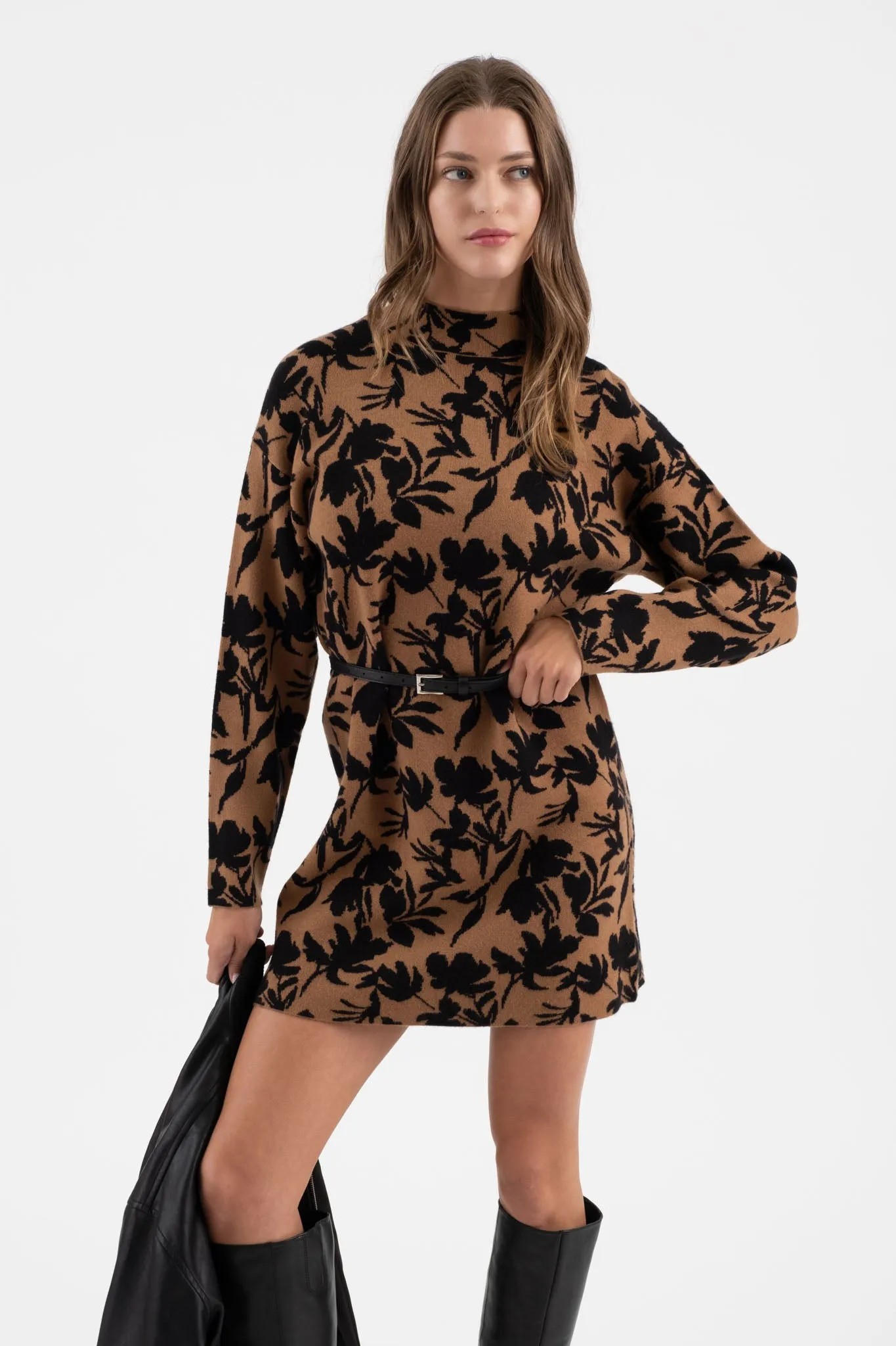 FLORAL MOCK NECK LONG SLEEVE KNIT SWEATER DRESS sold by Blu Pepper