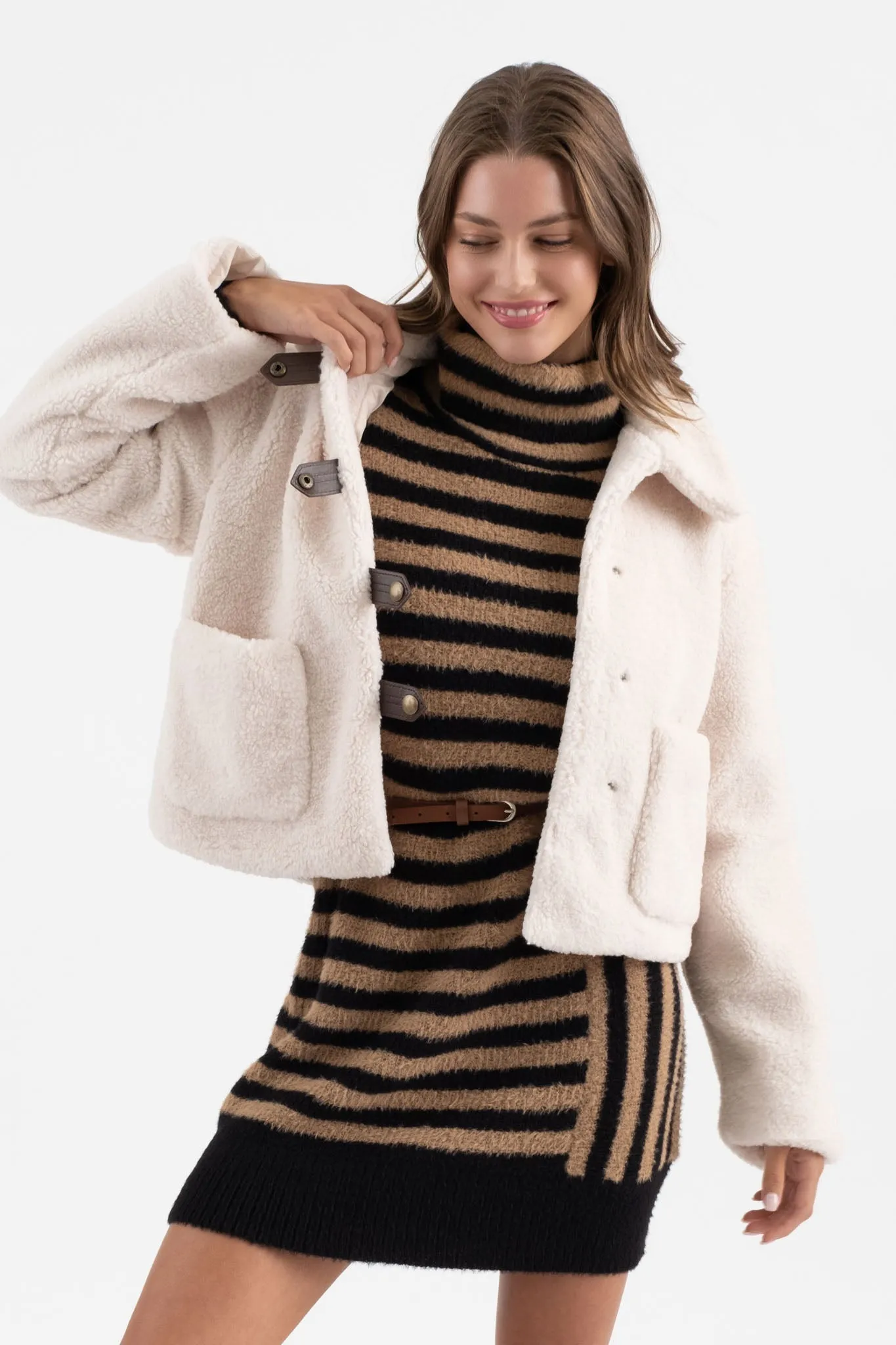 COLLARED TAB BUTTON DOWN TEDDY JACKET sold by Blu Pepper