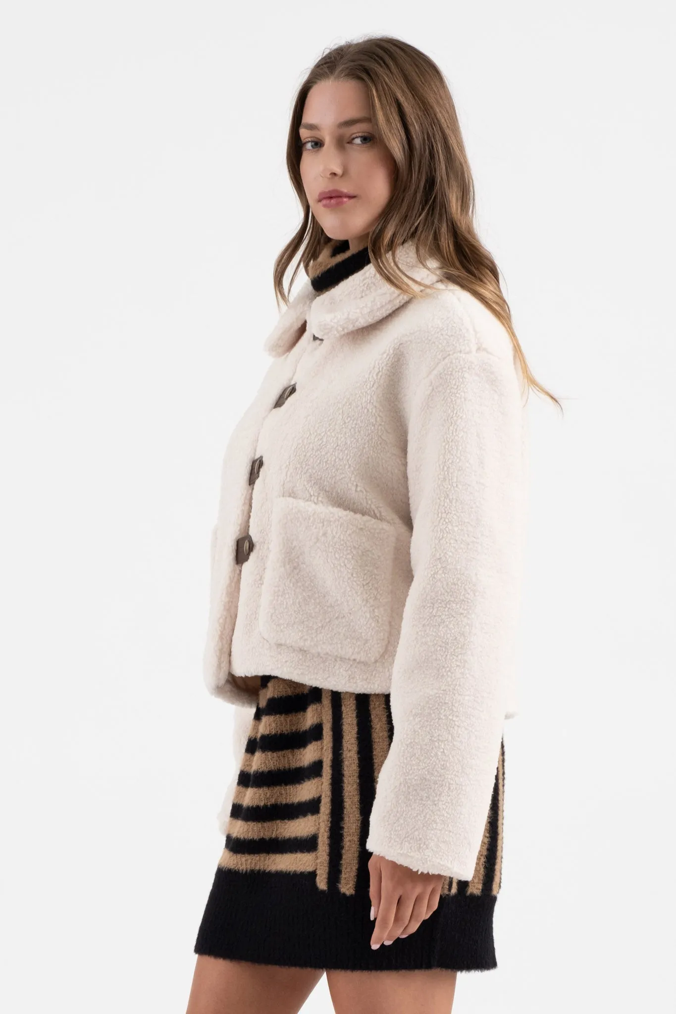 COLLARED TAB BUTTON DOWN TEDDY JACKET sold by Blu Pepper product image thumbnail 3