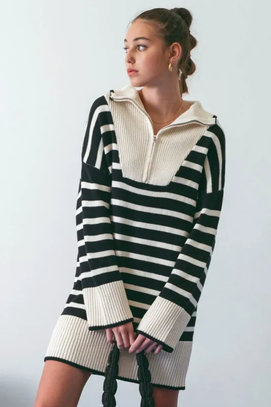 STRIPED COLLARED KNIT SWEATER DRESS sold by Blu Pepper
