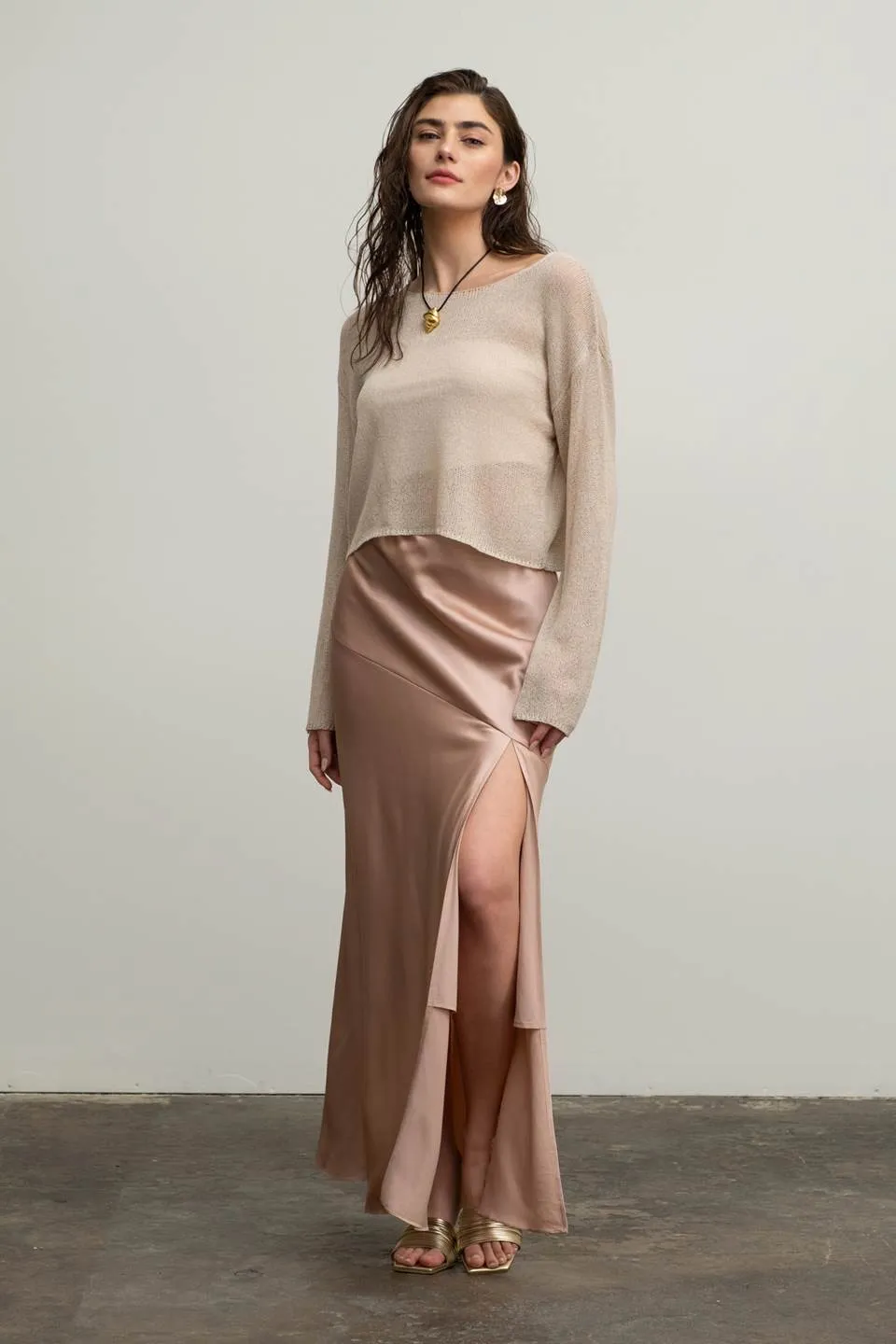 SATIN ASYMMETRICAL SIDE SLIT MIDI SKIRT sold by Blu Pepper product image thumbnail 3