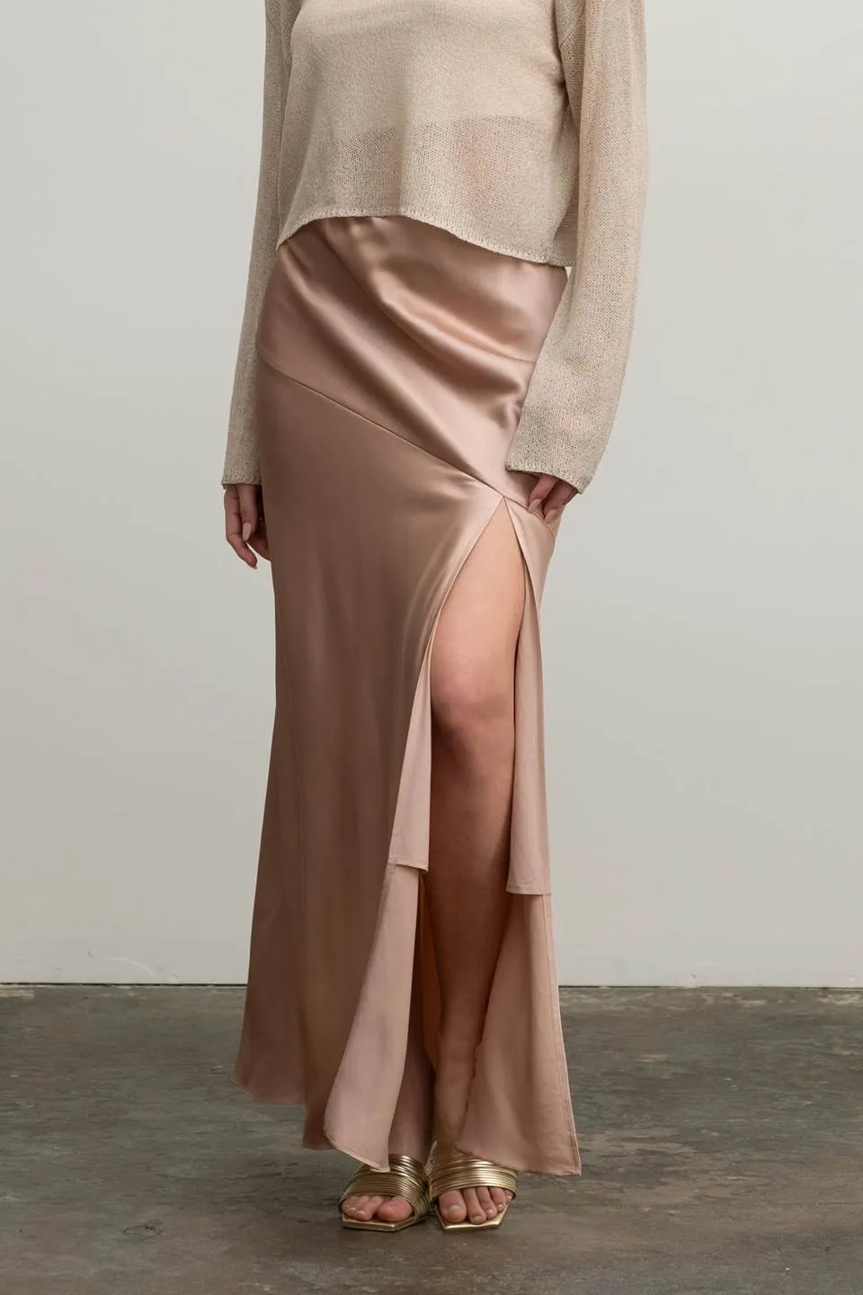 SATIN ASYMMETRICAL SIDE SLIT MIDI SKIRT sold by Blu Pepper product image thumbnail 4