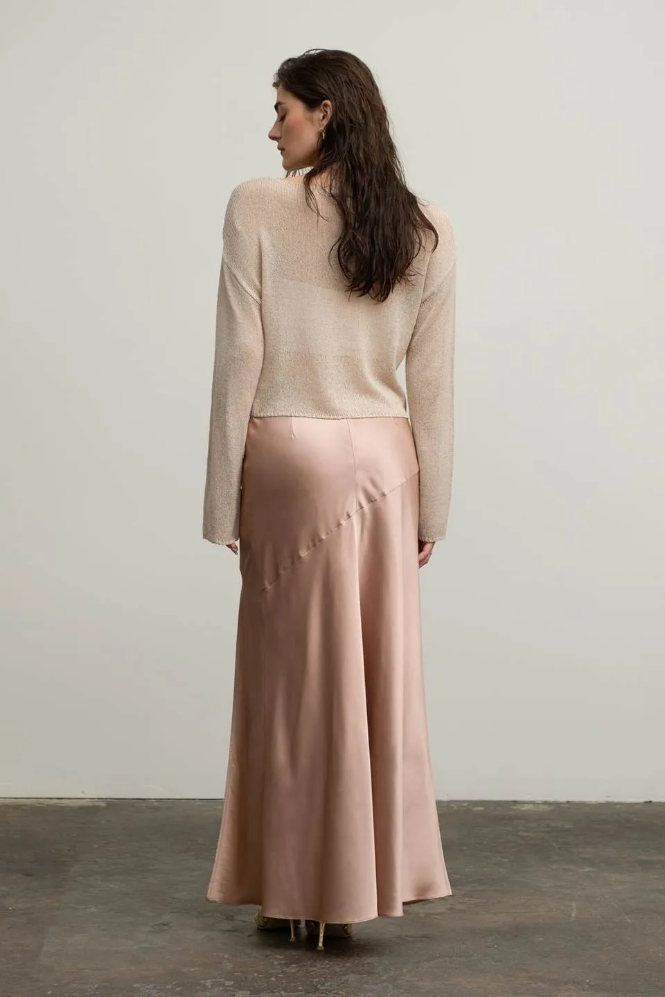 SATIN ASYMMETRICAL SIDE SLIT MIDI SKIRT sold by Blu Pepper product image thumbnail 2