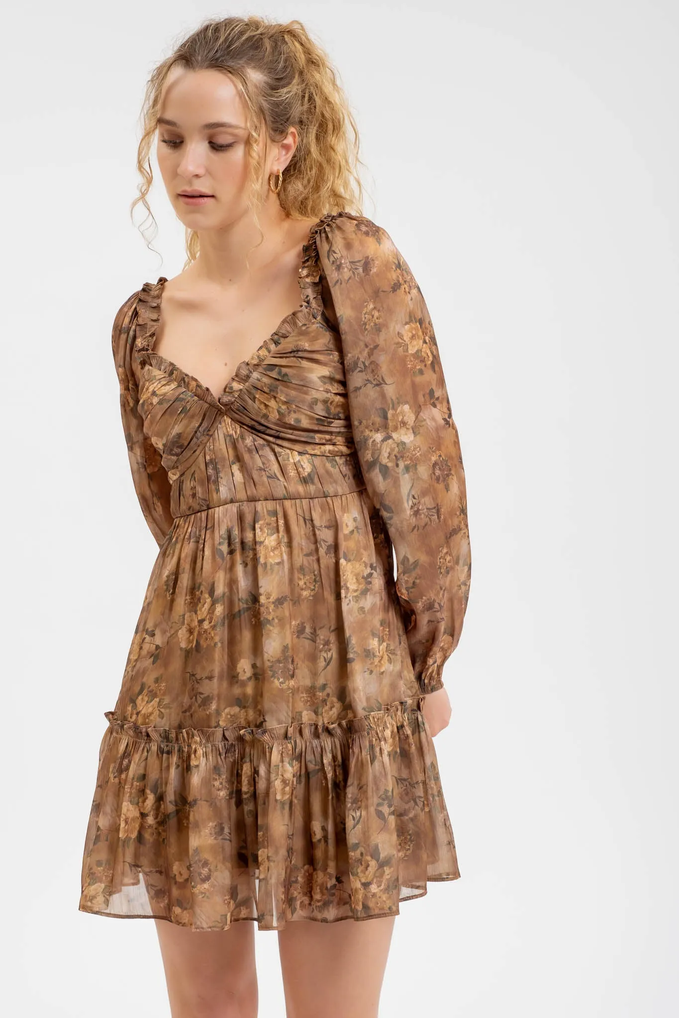 FLORAL SWEETHEART LONG SLEEVE RUFFLED MINI DRESS sold by Blu Pepper