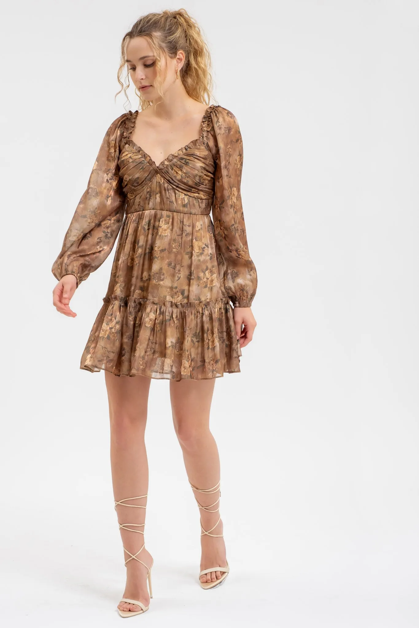 FLORAL SWEETHEART LONG SLEEVE RUFFLED MINI DRESS sold by Blu Pepper product image thumbnail 3