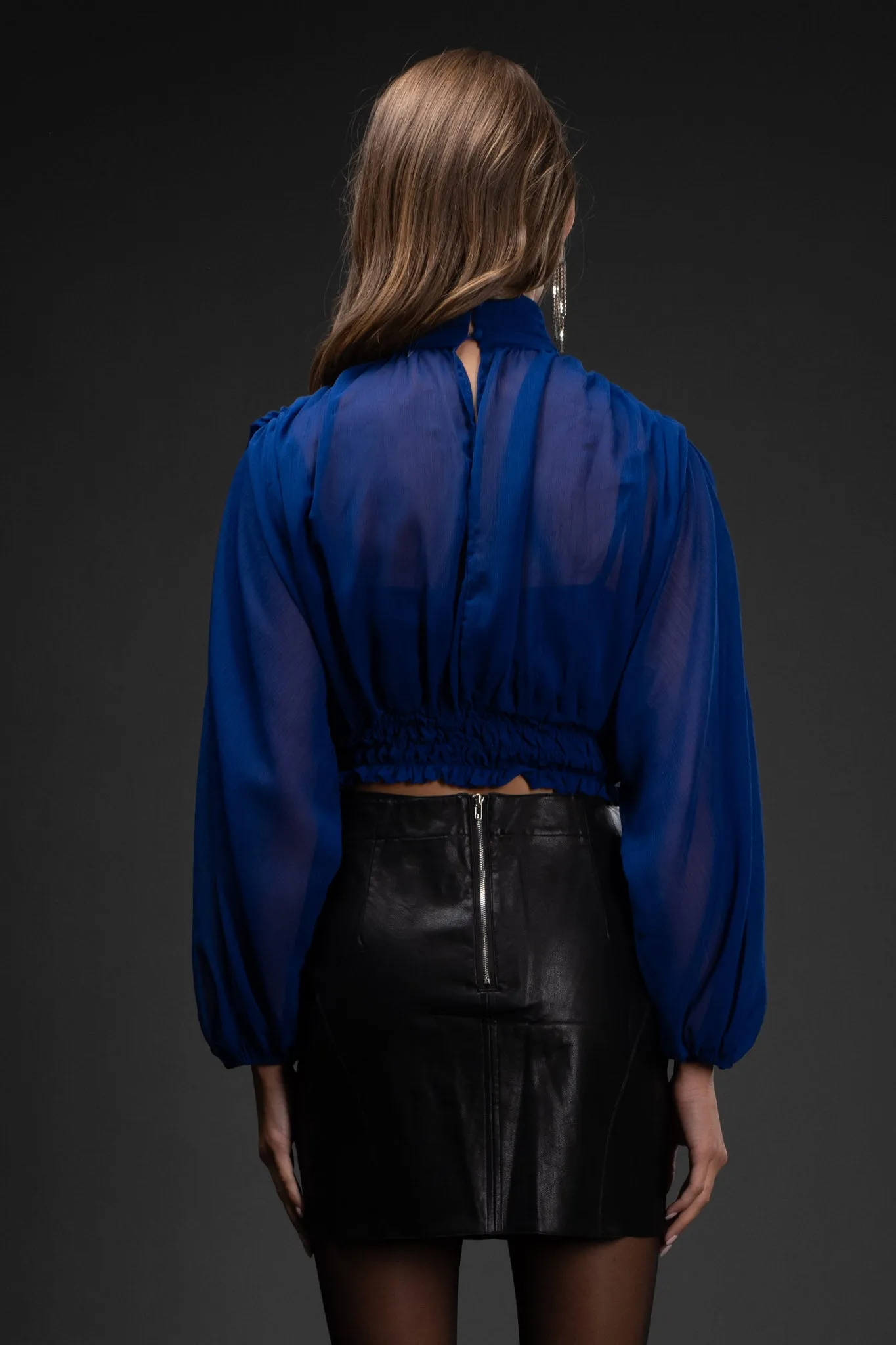 SHEER LONG SLEEVE SHIRRED CROPPED TOP sold by Blu Pepper product image thumbnail 2