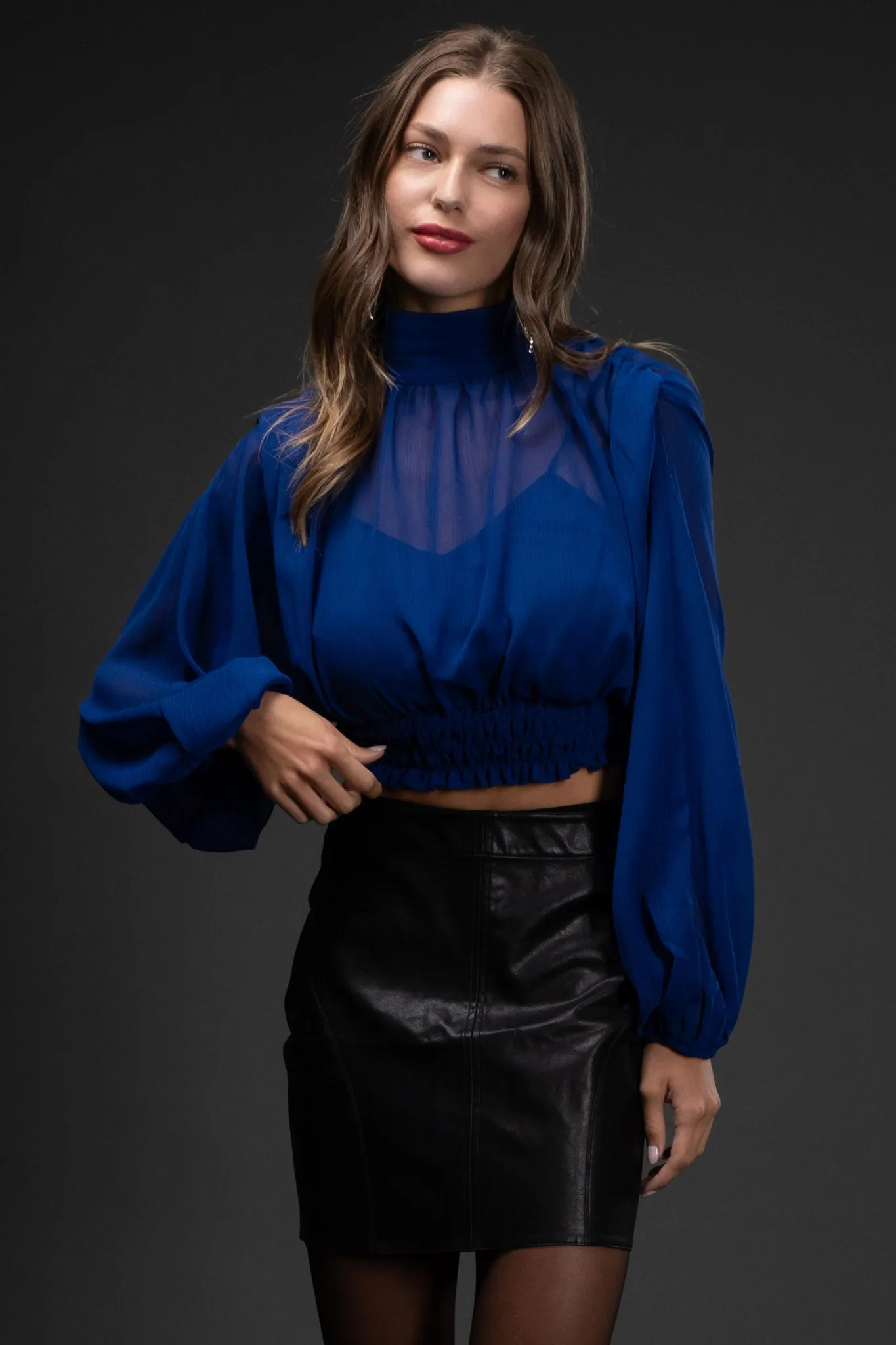 SHEER LONG SLEEVE SHIRRED CROPPED TOP sold by Blu Pepper product image thumbnail 4