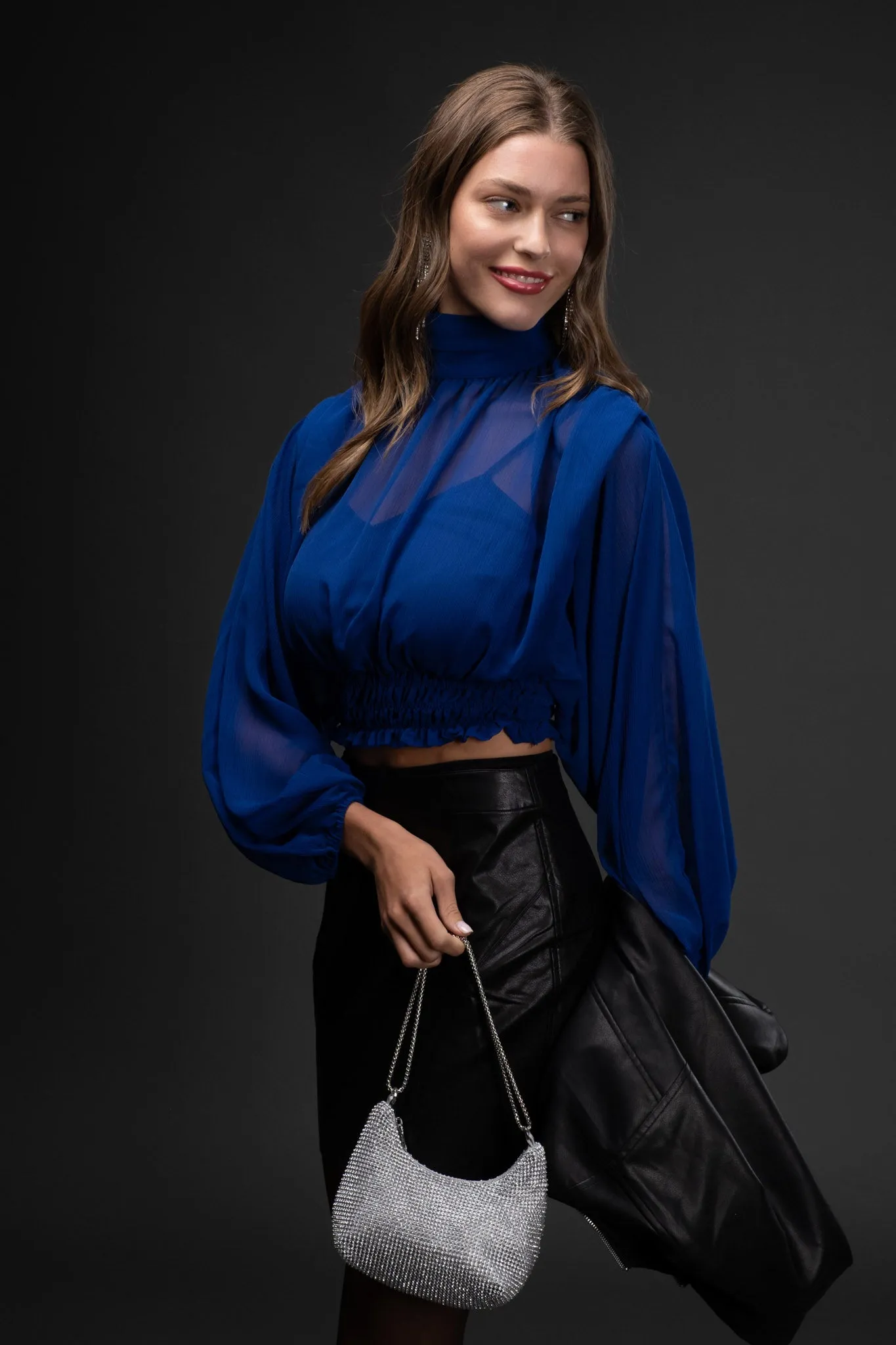 SHEER LONG SLEEVE SHIRRED CROPPED TOP sold by Blu Pepper