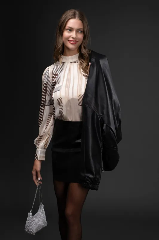 ABSTRACT PRINT LONG SLEEVE WOVEN TOP sold by Blu Pepper