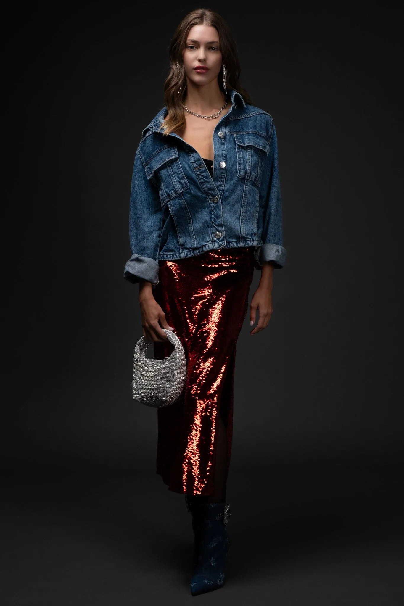 SIDE SLIT SEQUIN MIDI SKIRT sold by Blu Pepper product image thumbnail 5