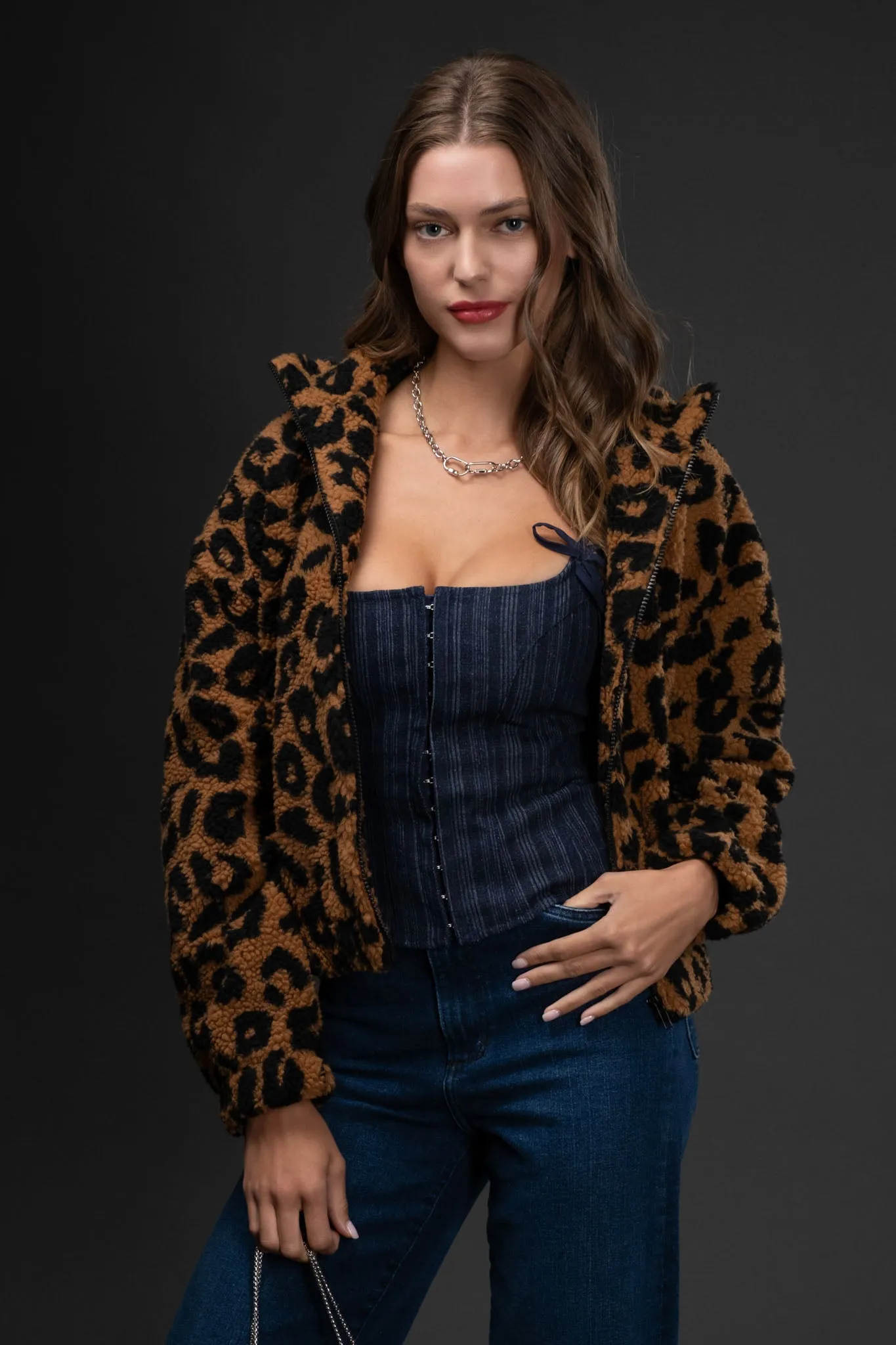 LEPOPARD FAUX SHERPA ZIP UP JACKET sold by Blu Pepper product image thumbnail 4
