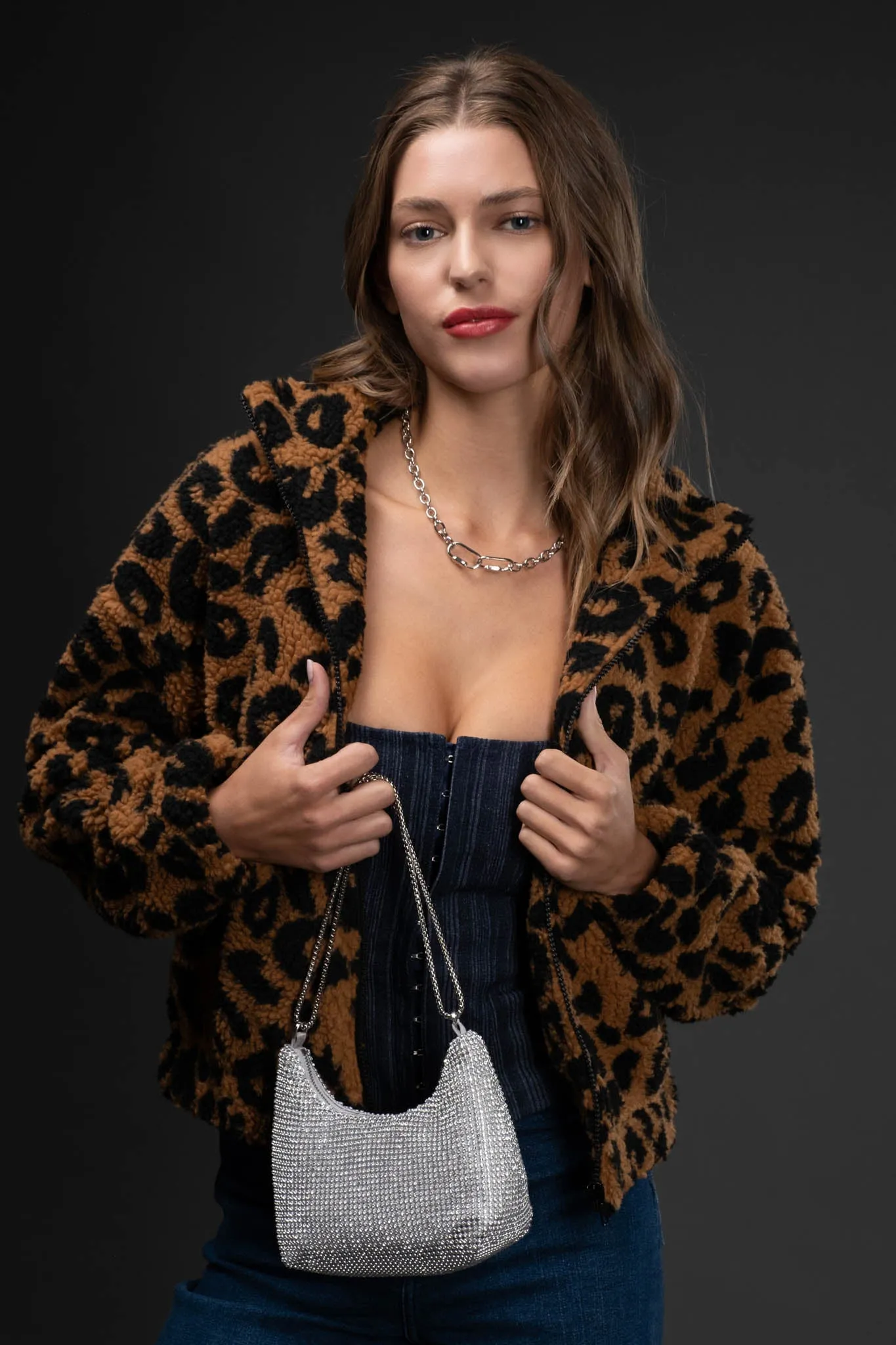 LEPOPARD FAUX SHERPA ZIP UP JACKET sold by Blu Pepper