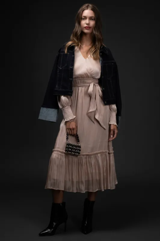WRAP BELTED LONG BISHOP SLEEVE MIDI DRESS sold by Blu Pepper