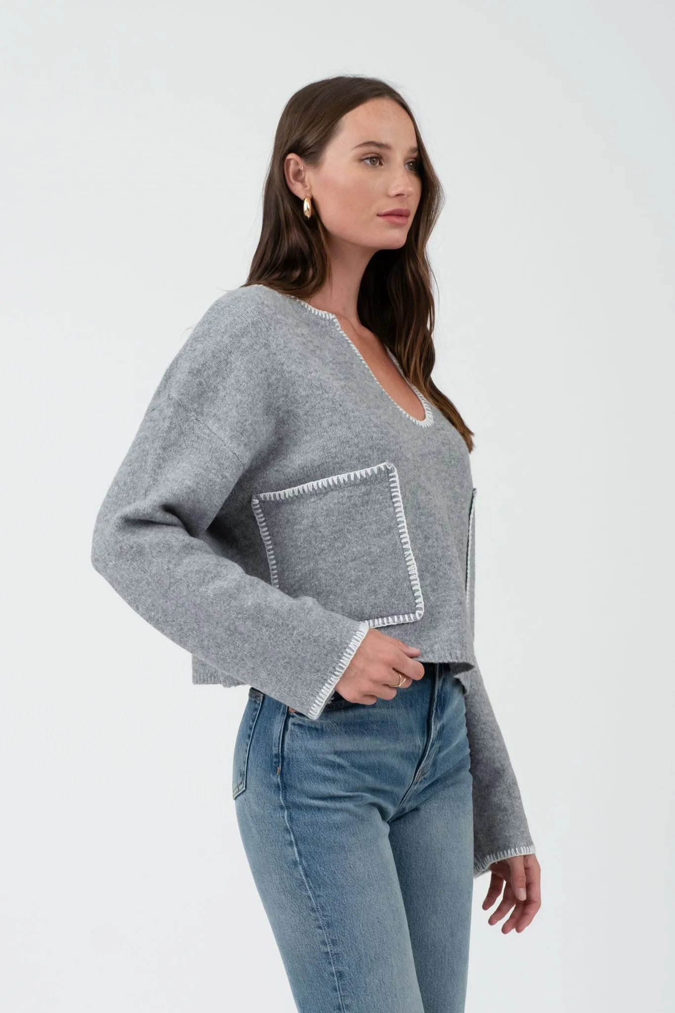 CONTRAST STITCH LONG SLEEVE POCKET SWEATER sold by Blu Pepper product image thumbnail 3