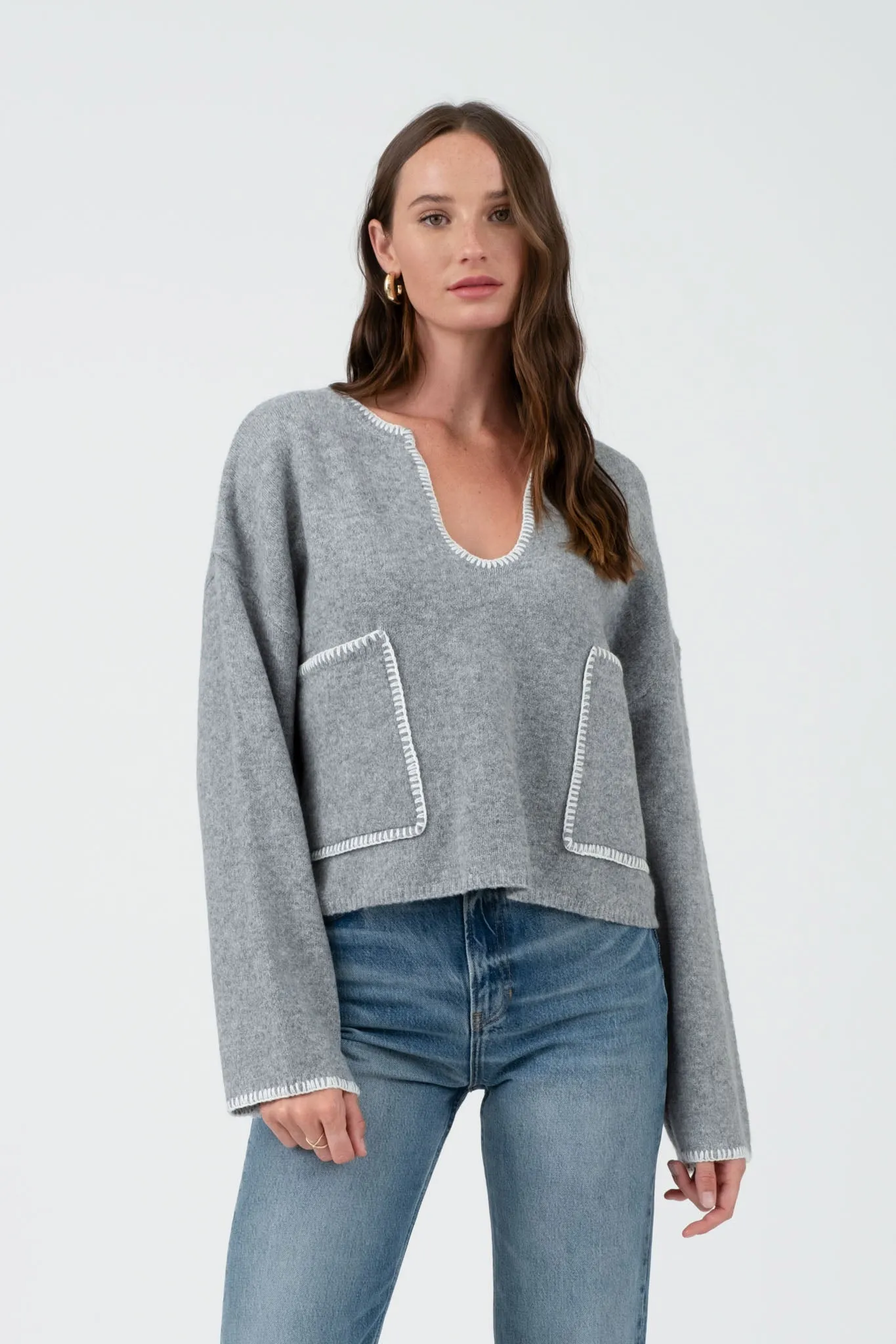 CONTRAST STITCH LONG SLEEVE POCKET SWEATER sold by Blu Pepper product image thumbnail 4