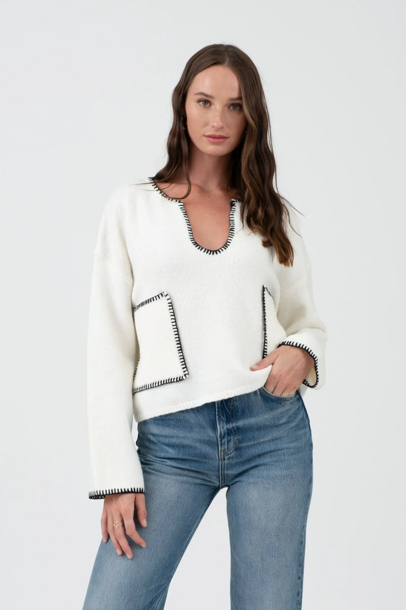 CONTRAST STITCH LONG SLEEVE POCKET SWEATER sold by Blu Pepper product image thumbnail 5