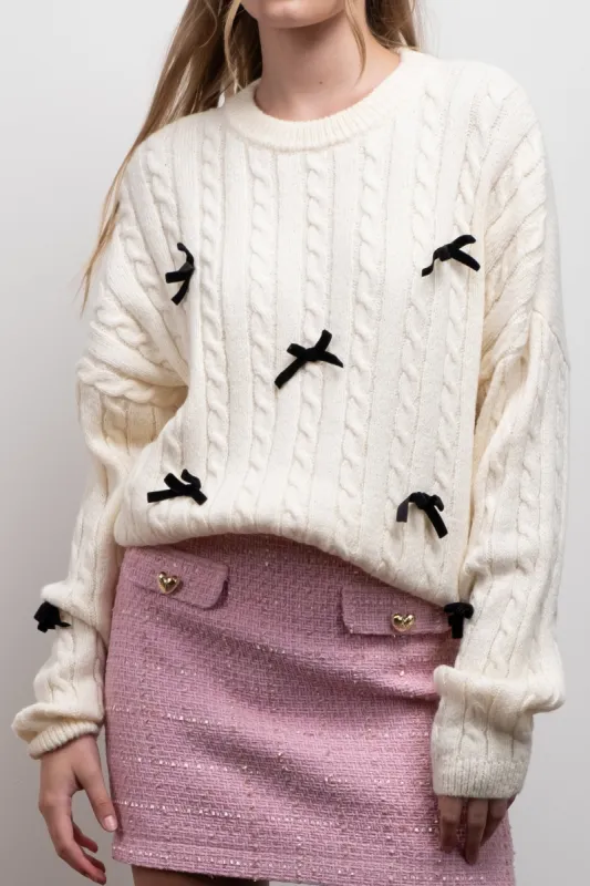 BOW DETAIL CABLE KNIT PULLOVER SWEATER sold by Blu Pepper