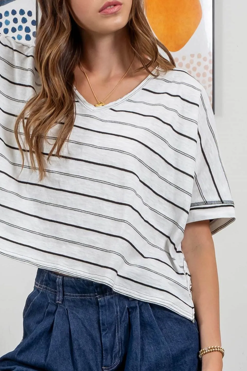STRIPED EXTENDED SHOULDER V NECK KNIT sold by Blu Pepper product image thumbnail 5