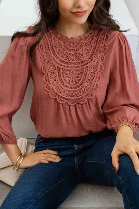 EYELET LACE FRONT BACK TIE 3/4 SLEEVE TOP sold by Blu Pepper