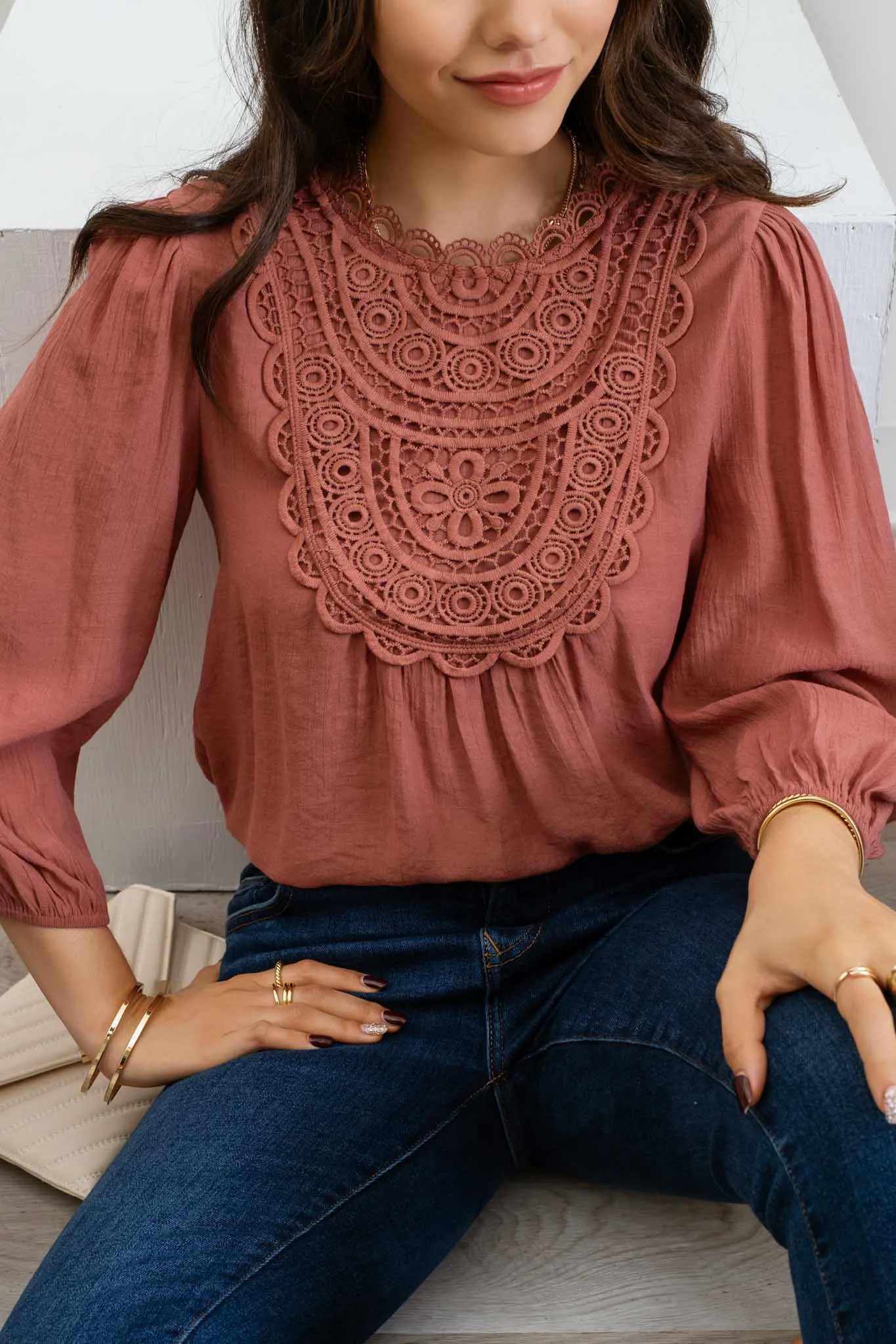 EYELET LACE FRONT BACK TIE 3/4 SLEEVE TOP sold by Blu Pepper
