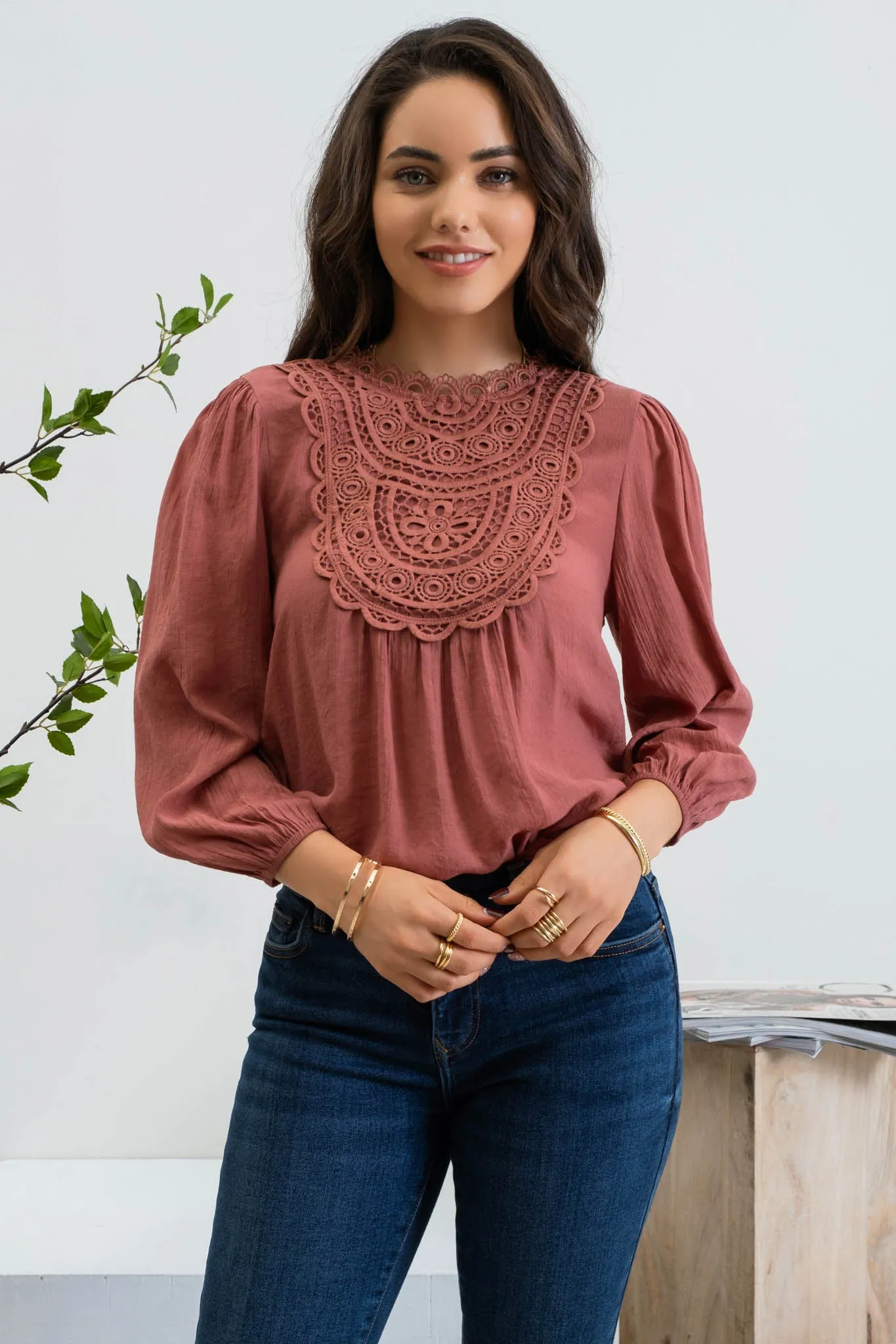 EYELET LACE FRONT BACK TIE 3/4 SLEEVE TOP sold by Blu Pepper product image thumbnail 5