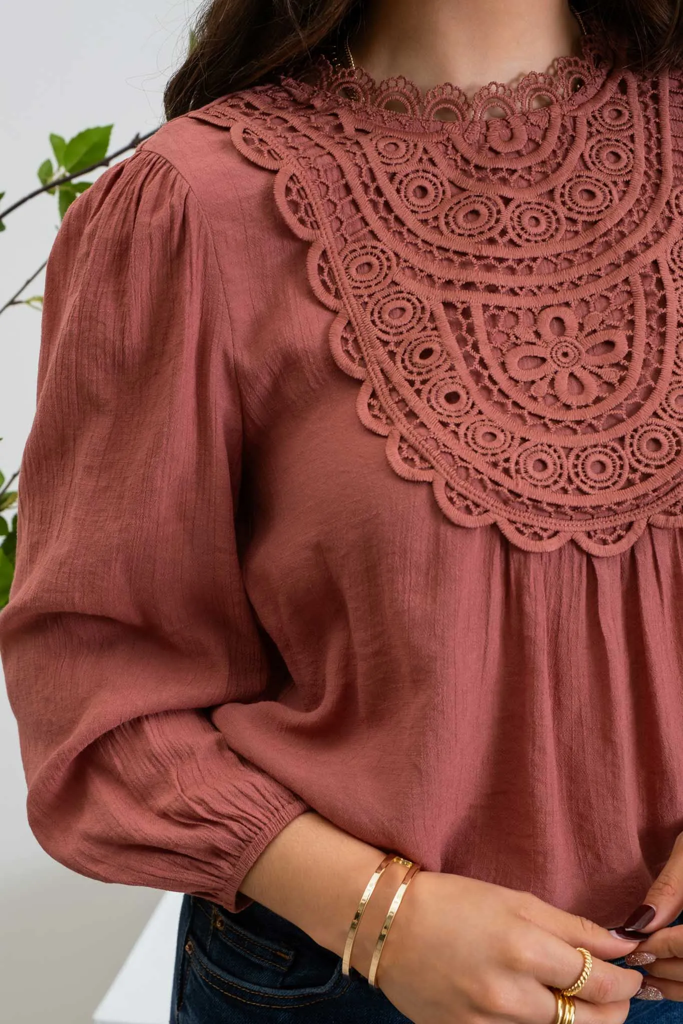EYELET LACE FRONT BACK TIE 3/4 SLEEVE TOP sold by Blu Pepper product image thumbnail 4