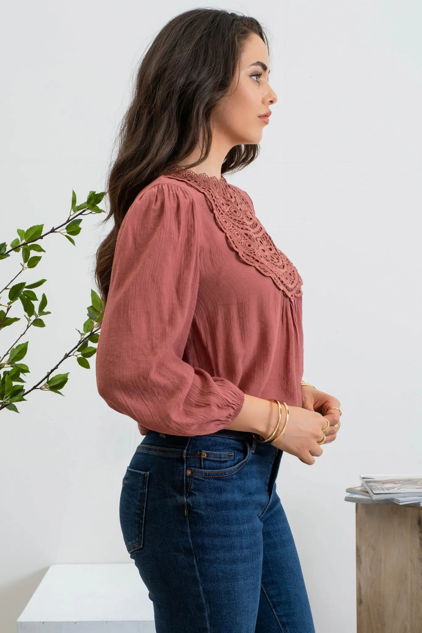 EYELET LACE FRONT BACK TIE 3/4 SLEEVE TOP sold by Blu Pepper product image thumbnail 3