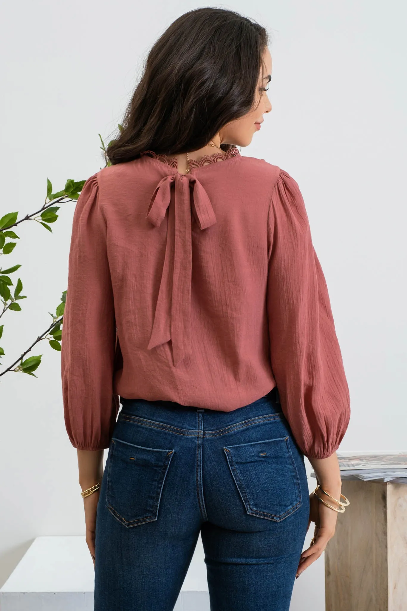 EYELET LACE FRONT BACK TIE 3/4 SLEEVE TOP sold by Blu Pepper product image thumbnail 2