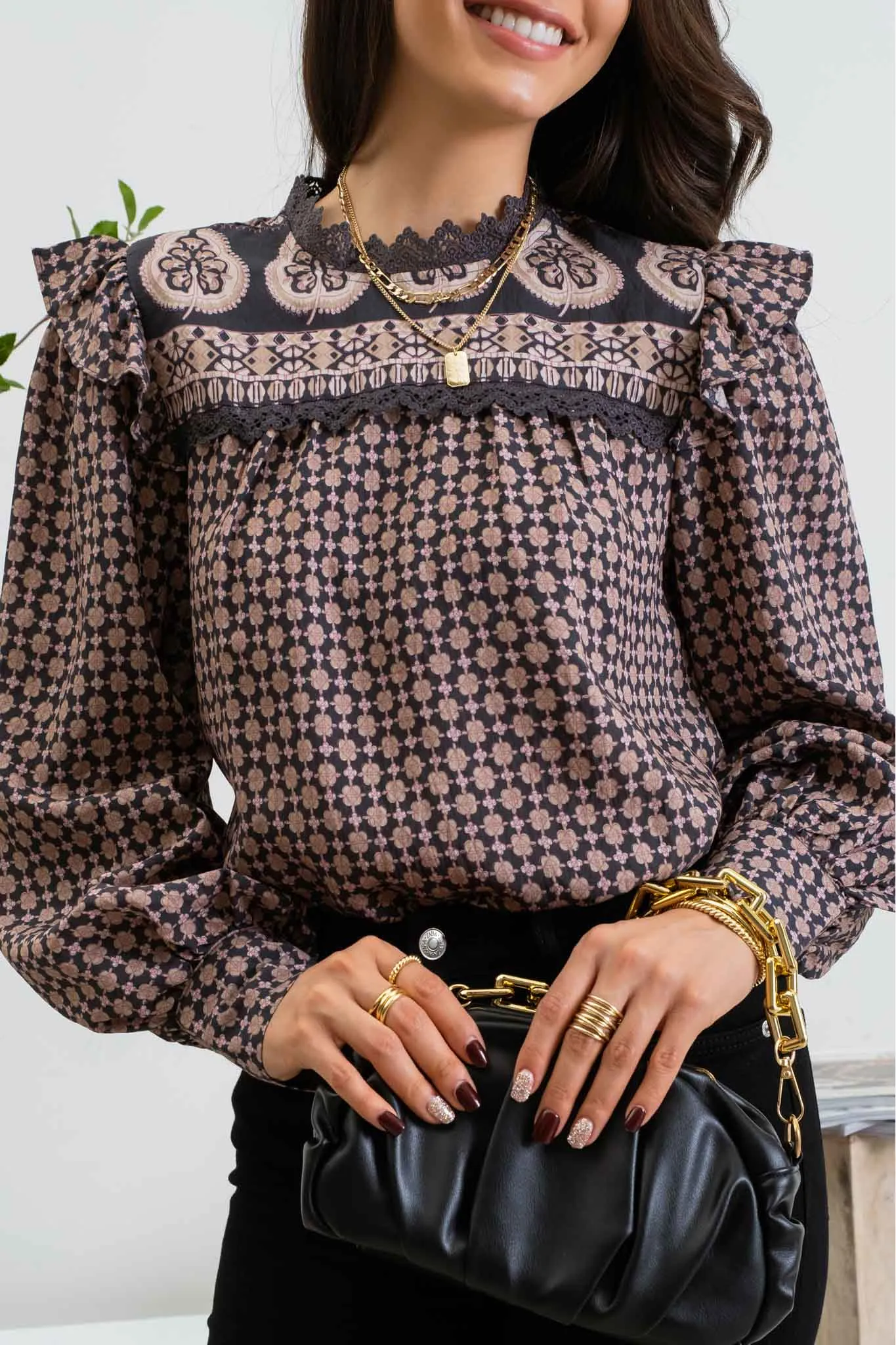 GEOMETRIC BORDER PRINT LONG SLEEVE BLOUSE sold by Blu Pepper