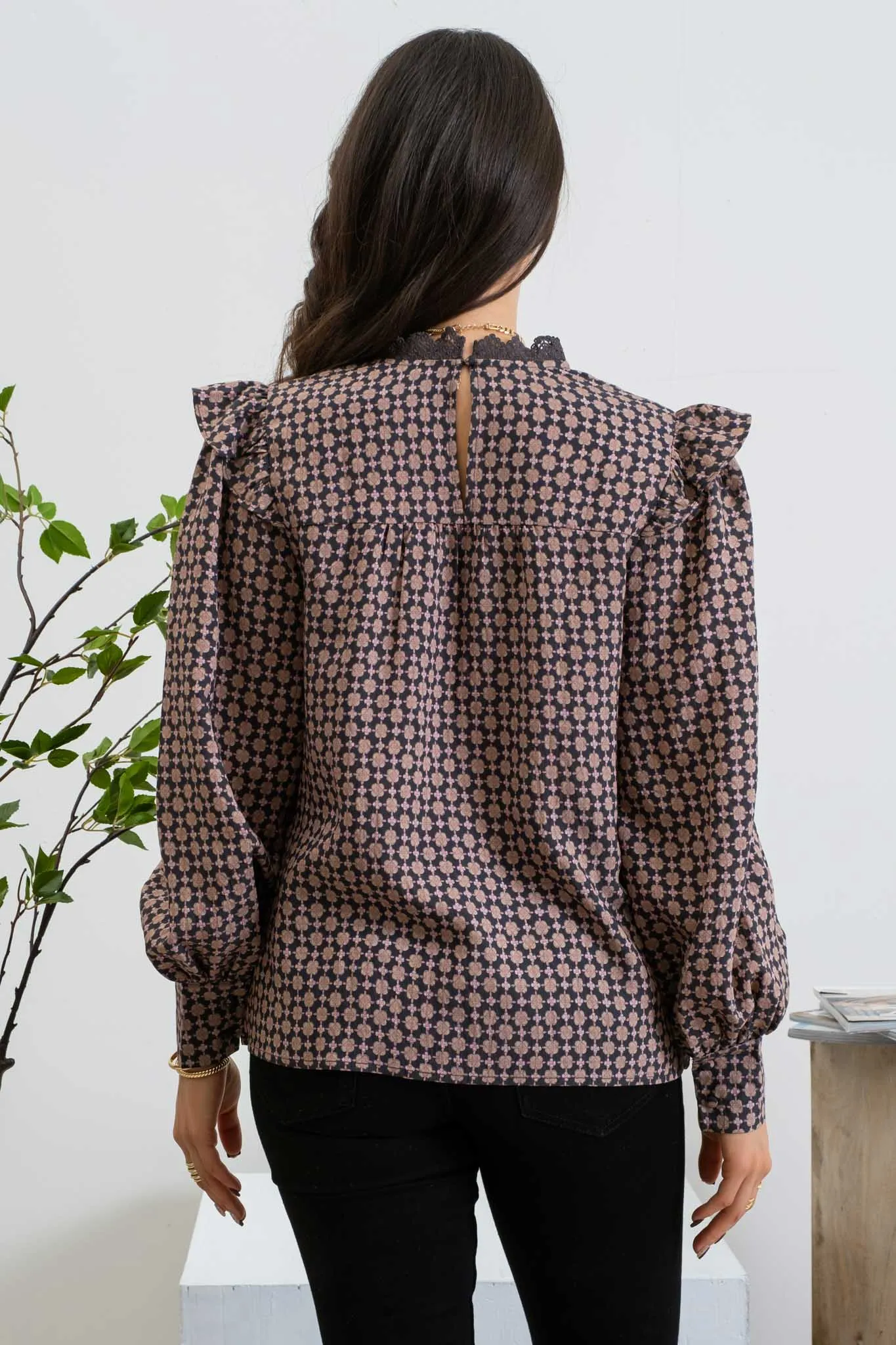 GEOMETRIC BORDER PRINT LONG SLEEVE BLOUSE sold by Blu Pepper product image thumbnail 2
